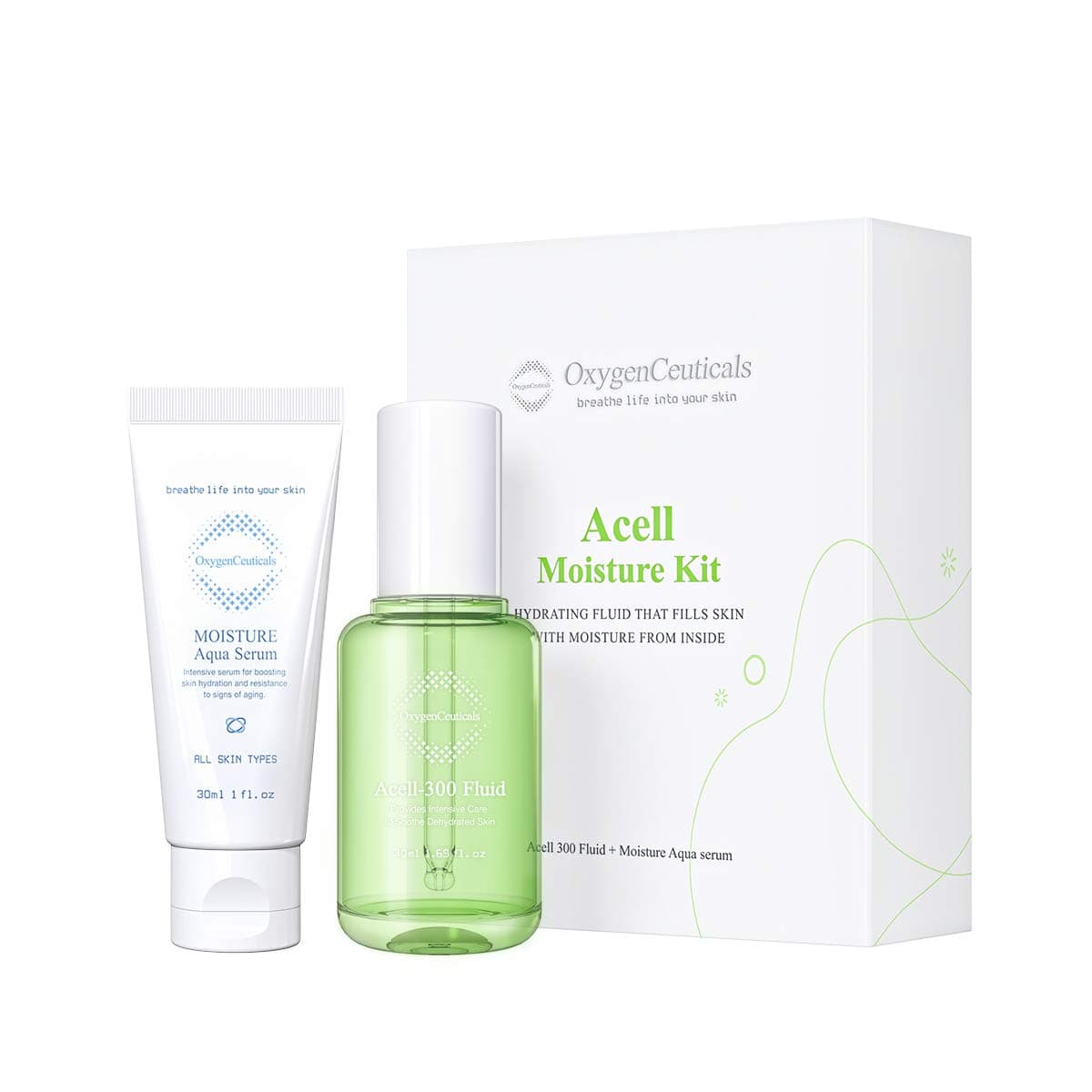 Acell Moisture Kit – Acell-300 Fluid 30ml + Moisture Aqua Serum 30ml, Lightweight Hydrating Ampoule & Serum Duo for Moisture Balance & Sensitive Skin
