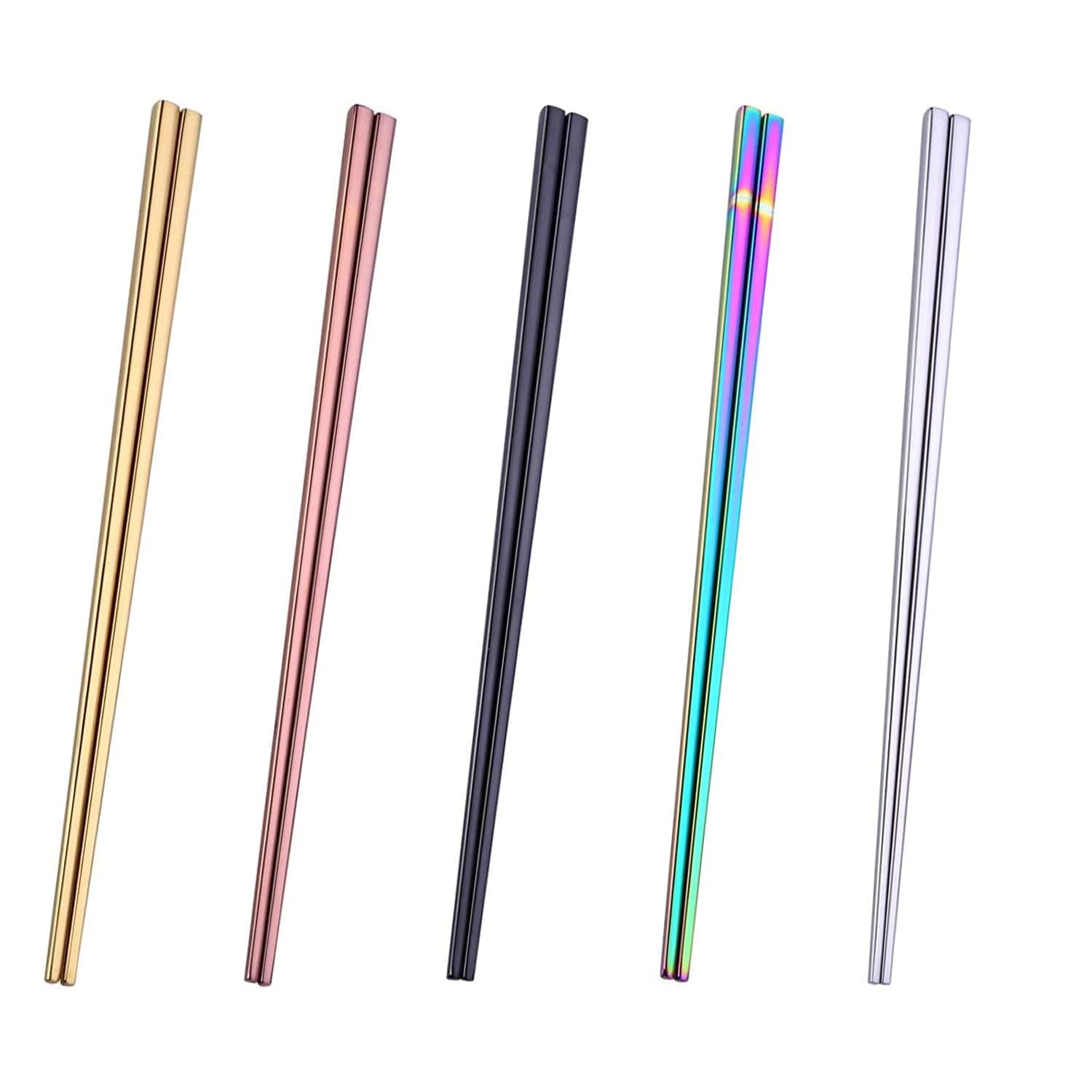 Stainless Steel Chopsticks - 5 Pairs Multicolor Reusable Dishwasher Safe Metal Chopstick - Lightweight Non-Slip 304 Stainless Steel Chop Sticks - Easy to Use and Clean (No Color Fading)
