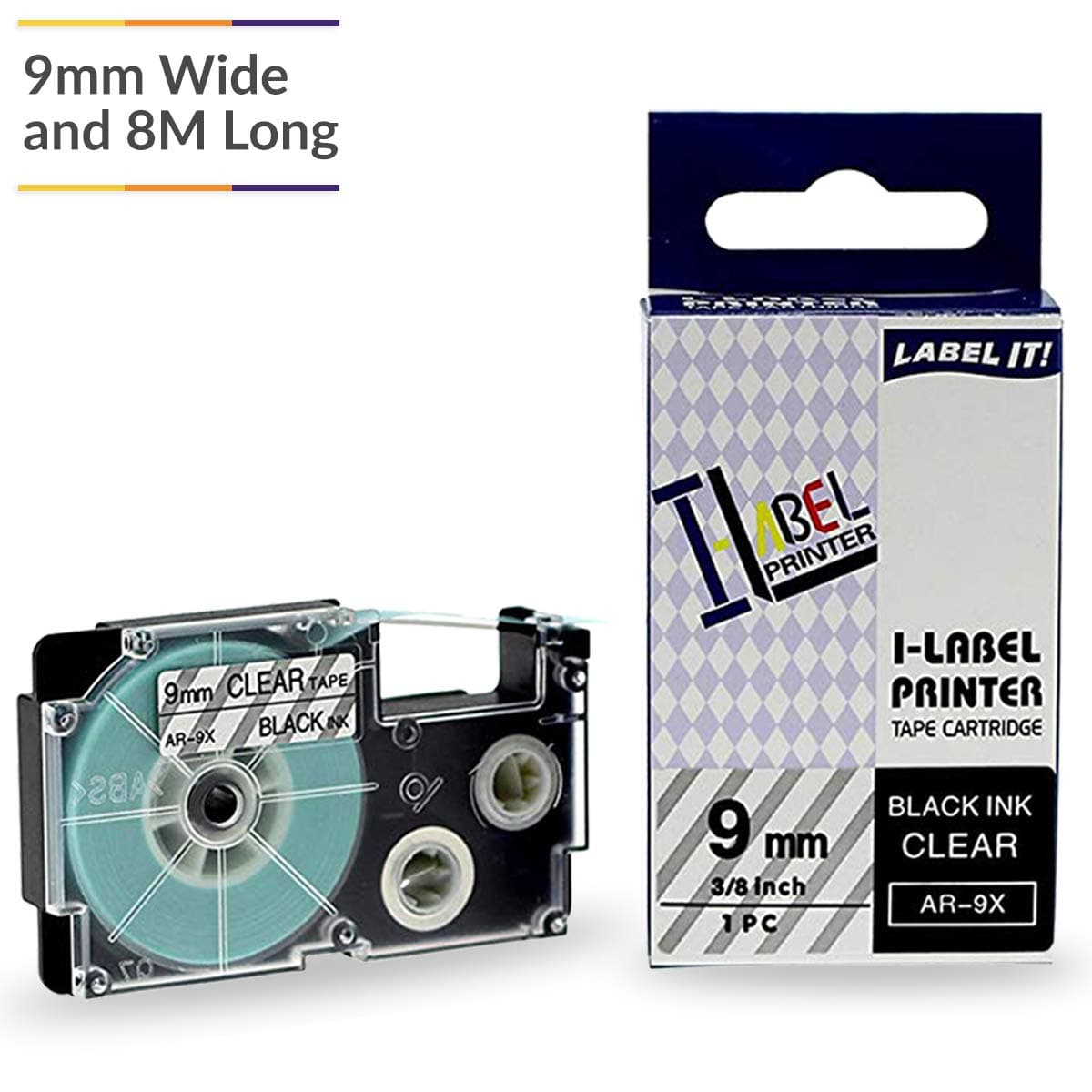 UBICON Black On Clear Label Tape Compatible for CASIO KL Label Printers; Single Pack; 9 mm (3/8 inch) Wide and 8 Meters (26.2 feet) Long;