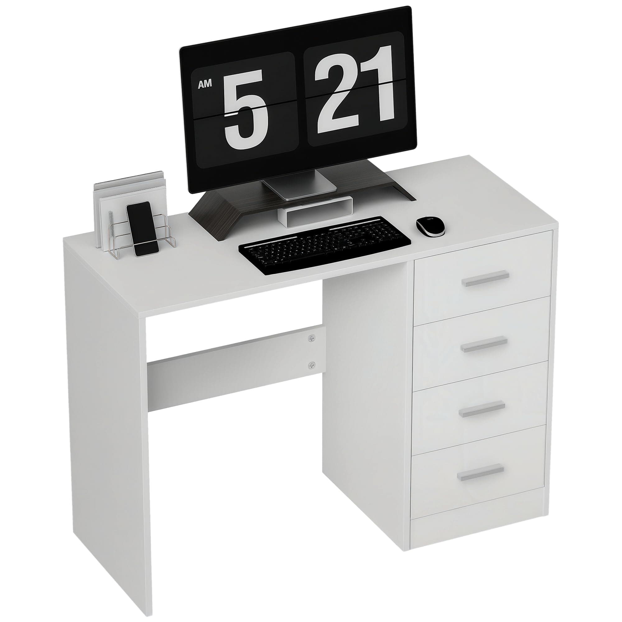 HOMCOM Computer Desk with Drawers, Dressing Table, High Gloss Home Office Writing Workstation, White
