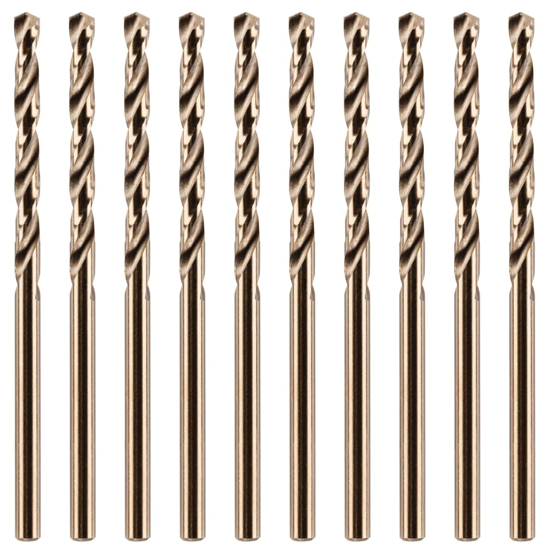Rennie Tools - Box of 10 x 3mm HSS Gold Cobalt Jobber Drill Bit Set For Stainless Steel, Hard Metals, Aluminium, Cast Iron, Copper. Twist Drill Bit Sets Supplied In A Box. 3mm Drill Bit Set