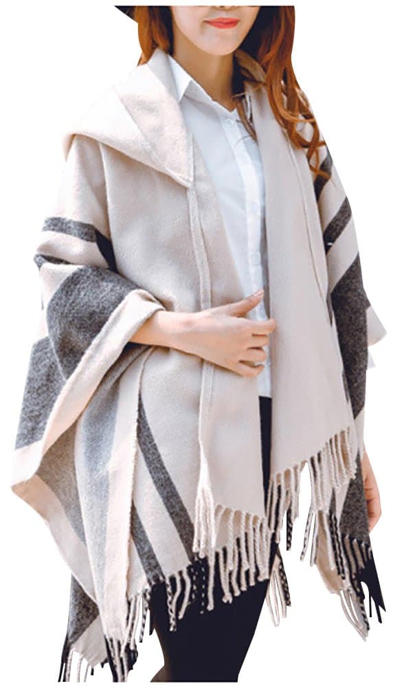 Women's Plaid Capes Shawl, Pattern Wrap with Hoodies Thicken Poncho Cape