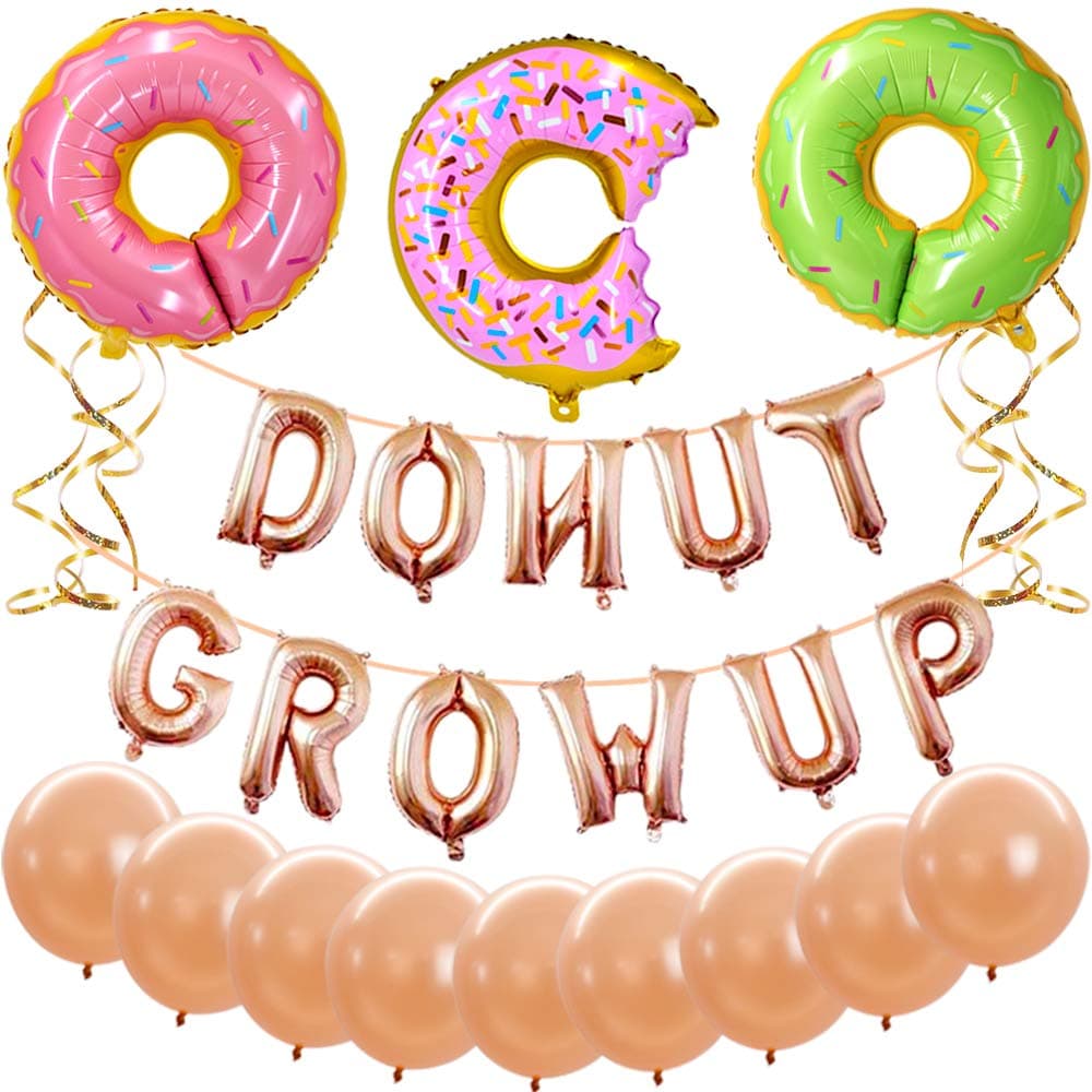 TONIFUL Donut Balloons kit With Donut Grow Up Birthday Banner Doughnut Foil Mylar balloon Rose Gold Latex Balloons Gold Ribbon for Donut Theme Party Favor Baby Shower Girl Pink Party Decorations Supplies