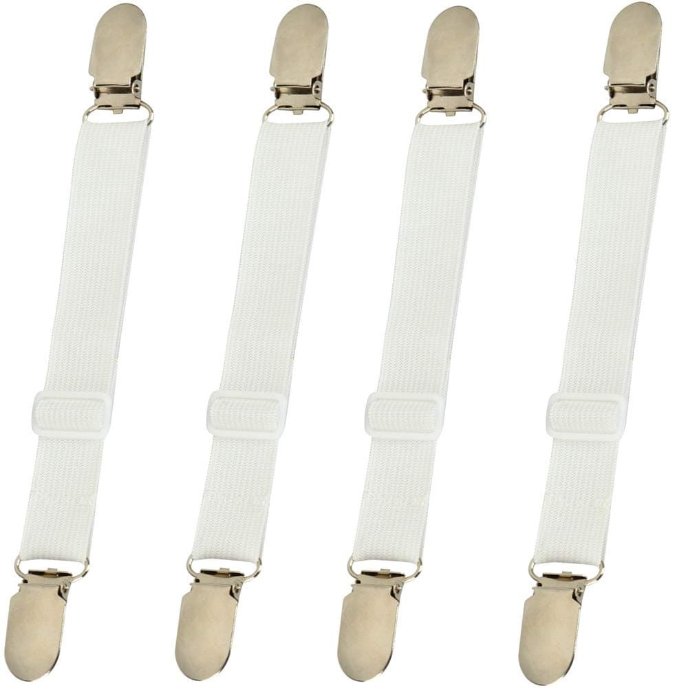4 Pcs Elastic Bed Mattress Sheet Clips Grippers Straps Suspender Fasteners Holder, White, Adjustable, Durable, Multi-Purpose
