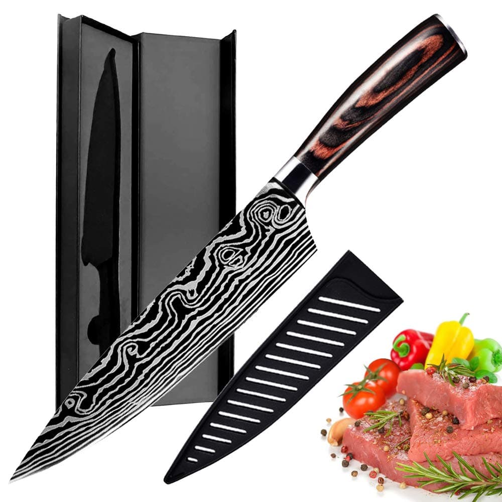 Damasukasu Japanese Chef Knife - ZUOLUO Handmade Sharp Kitchen Knife, 8-inch Chef knives Gifts for Kitchen Multifunctional Santoku Knife with Pakka Wood Handle, Sharp Knife for Cutting Meat, Gift Box