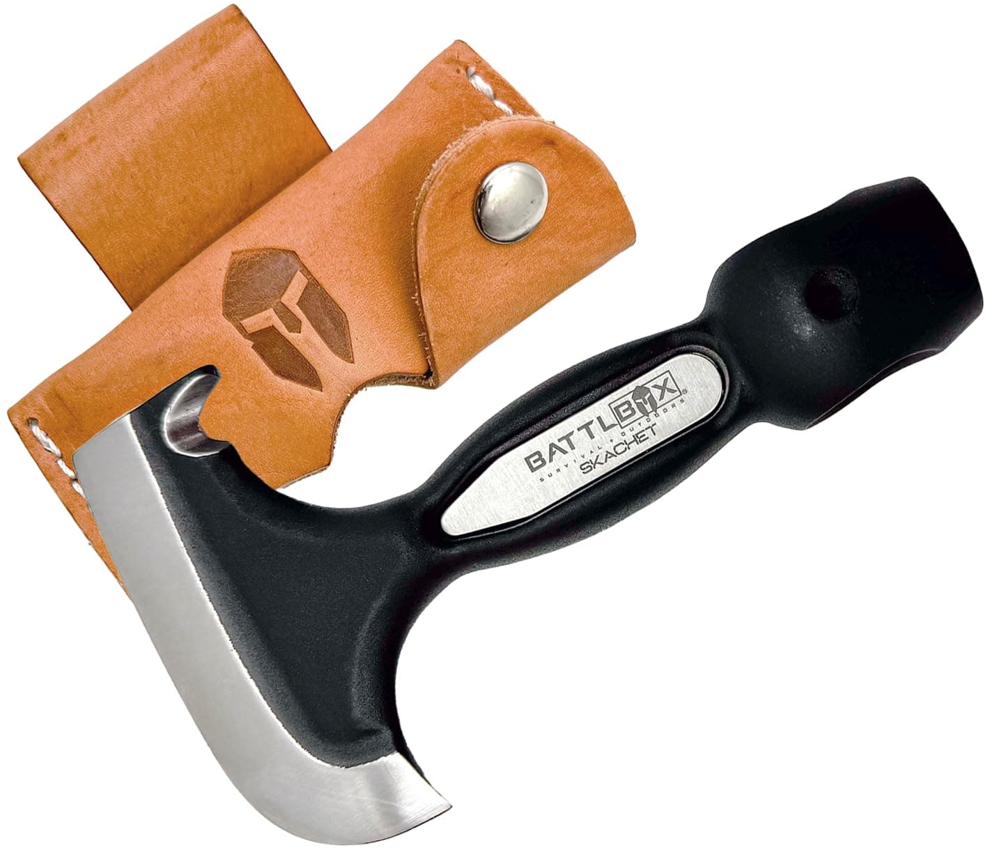 BATTLBOX Skachet Axe Head Skinner Hammer Hatchet Vintage Survival Tool - 3.5in Carbon Steel Blade Edge - Genuine Leather Sheath, Belt Loop - Bushcraft Outdoor Survival Ax Skatchet