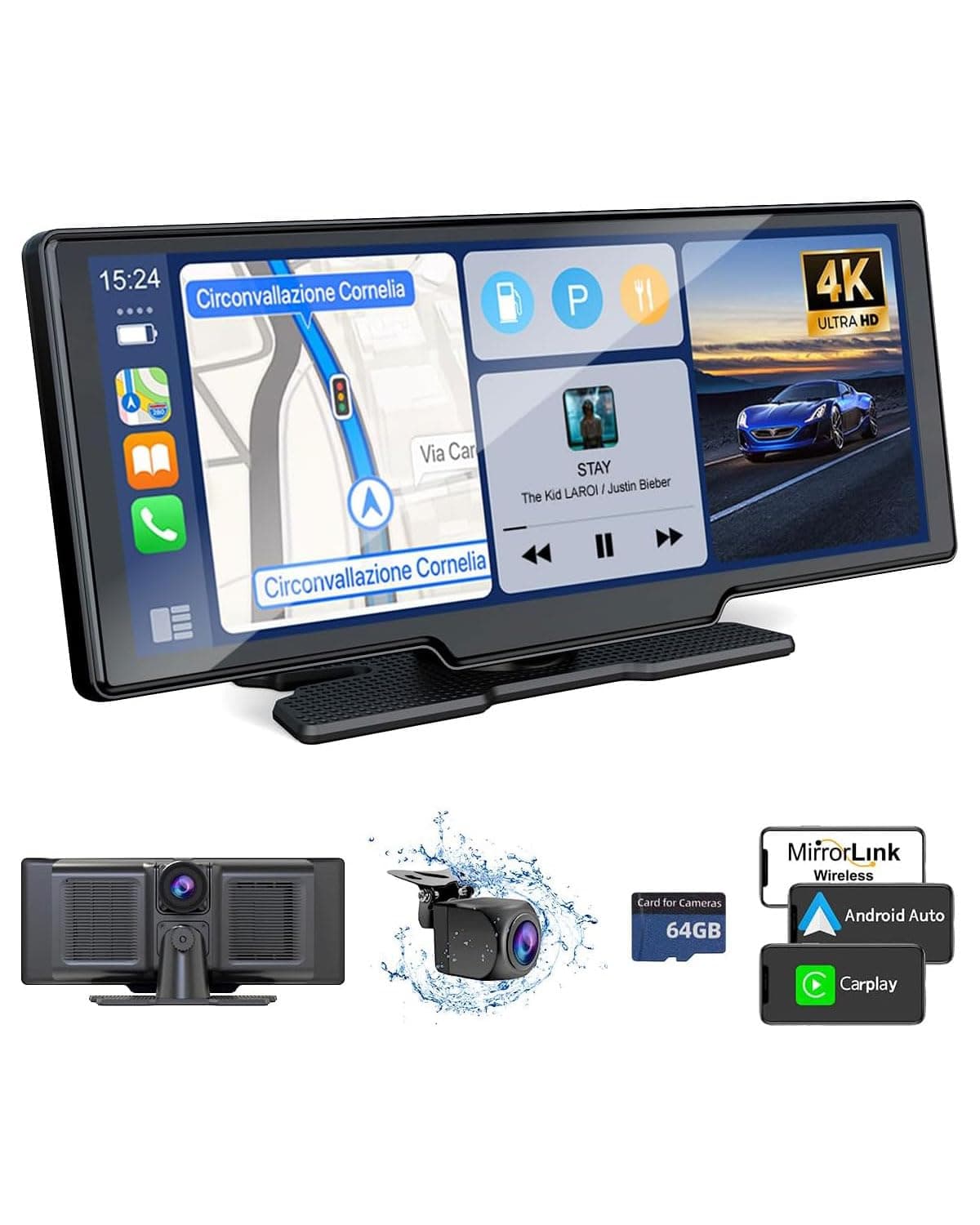 Car Play Screen with 4K Dash cam 10.26 Inch Compatible with Apple Carplay/Android Auto, Carplay Screen for Car 1080P Backup Camera GPS Navigation/Mirror Link/Voice Control