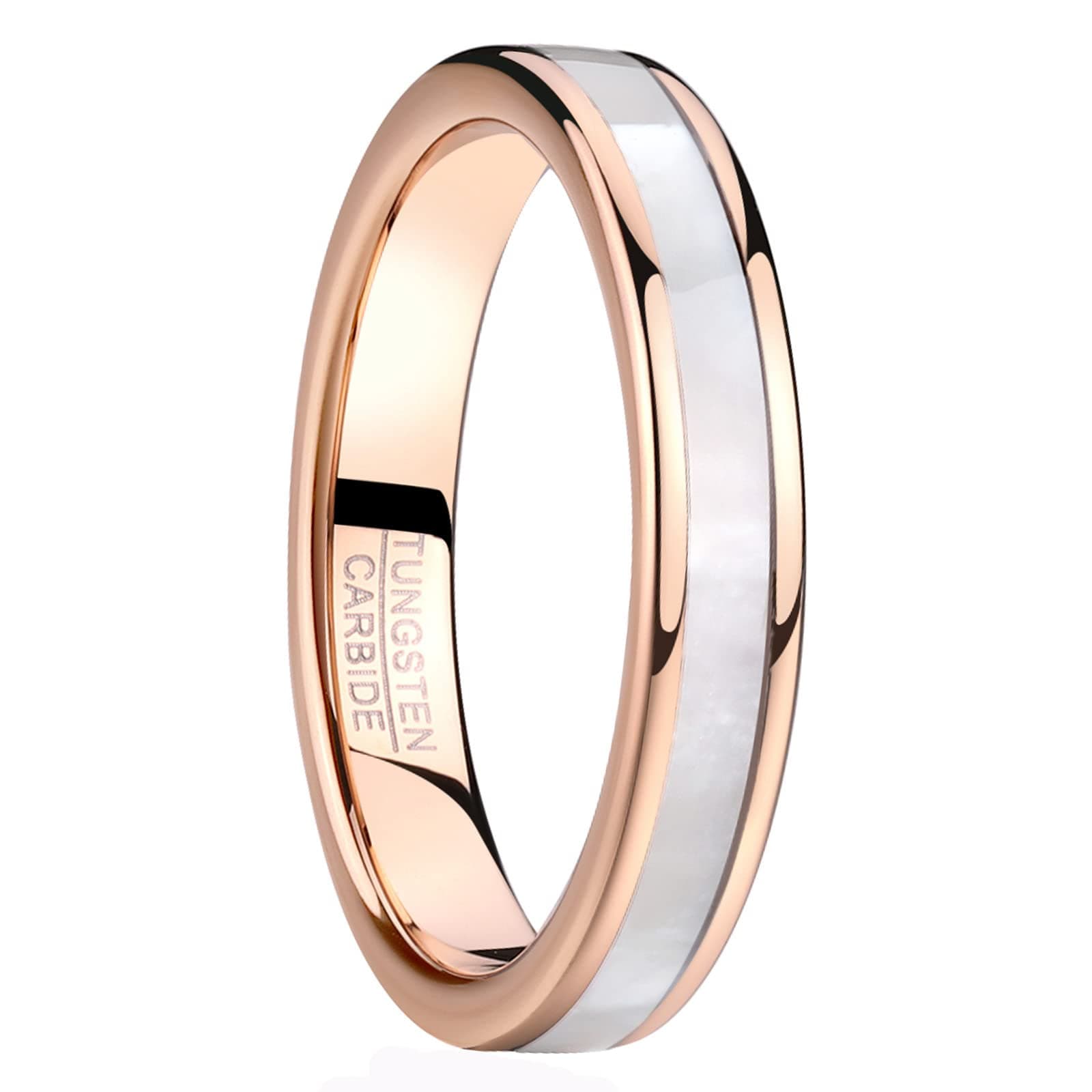 4mm 6mm Womens Rose Gold Tungsten Carbide Ring with Mother of Pearl Shell/Marble Inlaid Wedding Band Comfort Fit Size 5-12