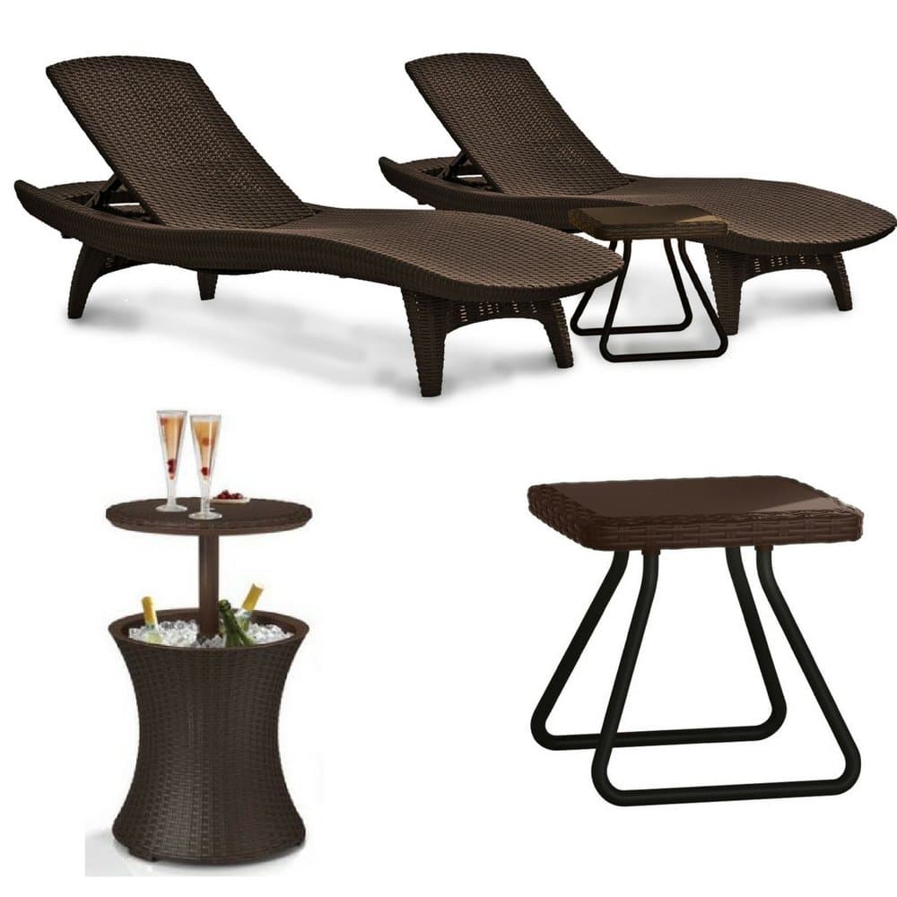 Keter pacific Outdoor Patio Pool Lounger and Side Table Brown Set With A Cool Bar Rattan Style Patio Beverage Cooler Bar Table Heavy Duty Bundle