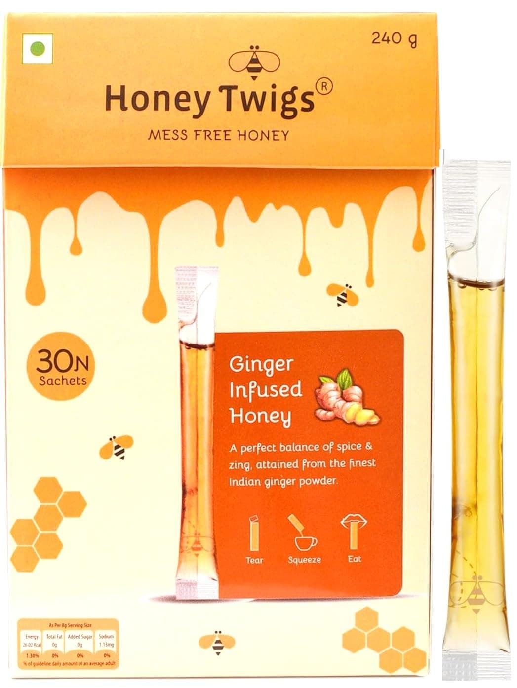 Honey Twigs Ginger Infused Honey Sticks - 30 Count Single Serve Natural Honey Straws - 8.47 oz per pack (8g per stick) | 100% Pure, Pocket-friendly Travel Pack