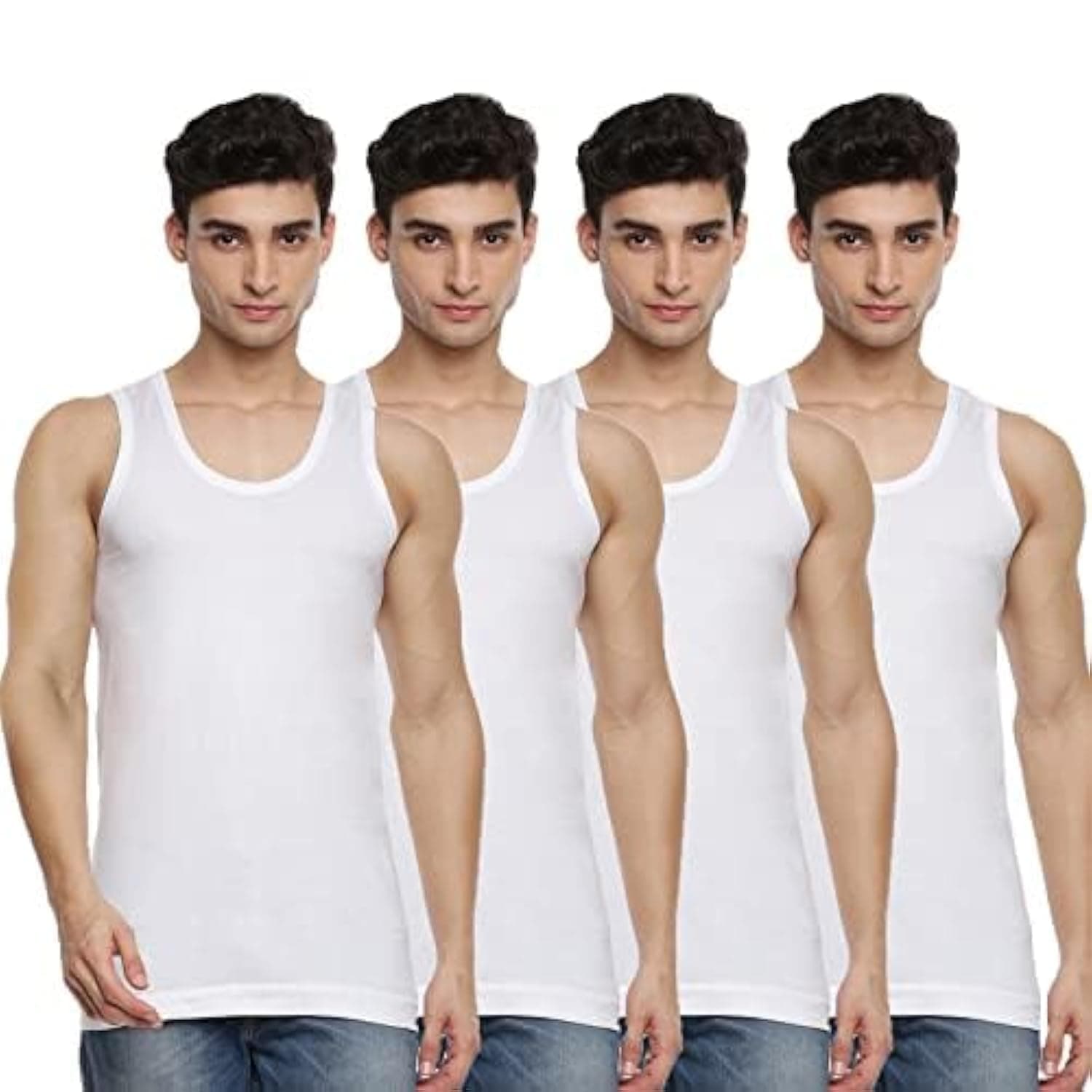 Ramraj Men's Cotton Pack of 4 Solid Sleeveless Round Neck with Extended Length for Easy Tuck