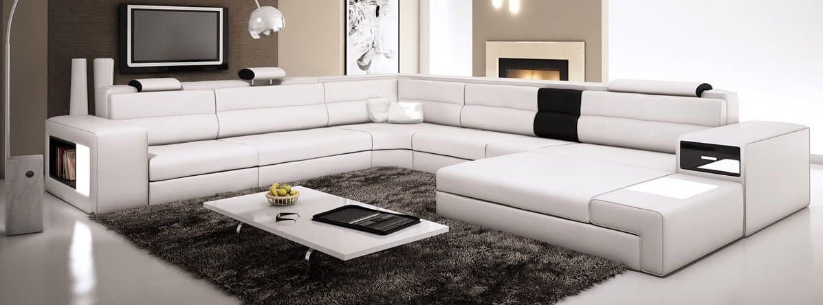 Ivory Contemporary Italian Leather Sectional Sofa with Built-in Lights