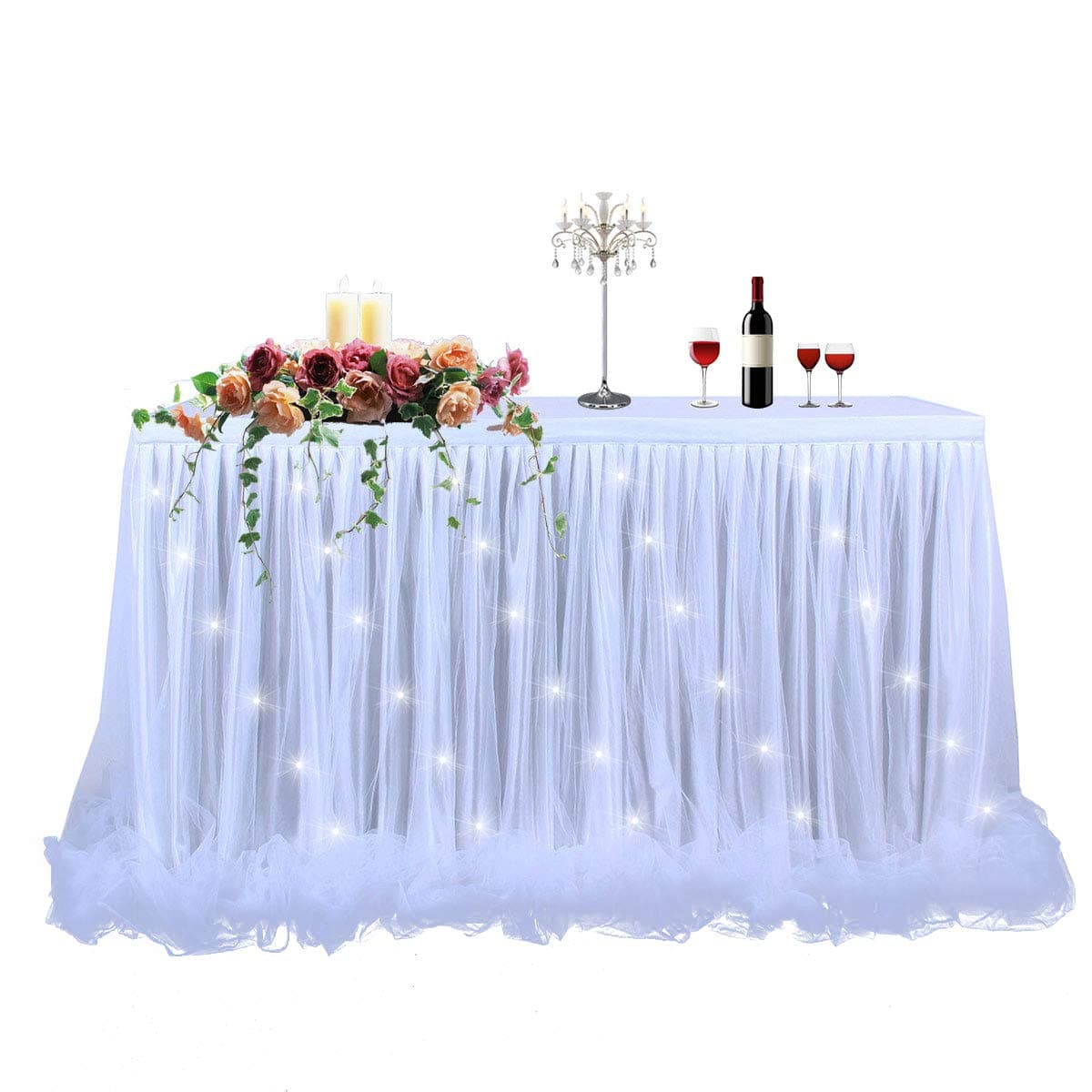 LED Table Skirt White Tulle Table Skirt Tutu Table Cloth Skirting for Rectangle or Round Table for Baby Shower Wedding and Birthday Winter Party Decoration (14 ft table skirt)