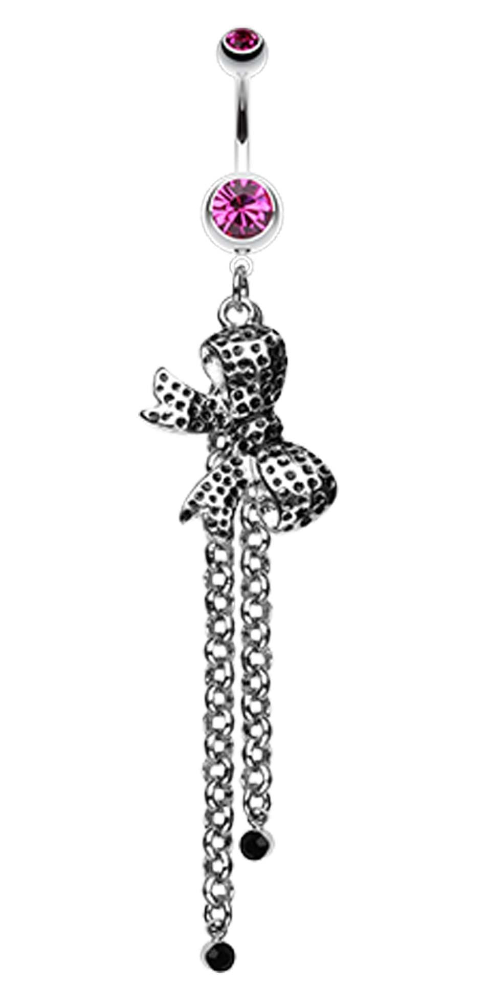 Bow-Tie Glass-Gem Drop Belly Button Ring - 14 GA (1.6mm) - Sold Individually