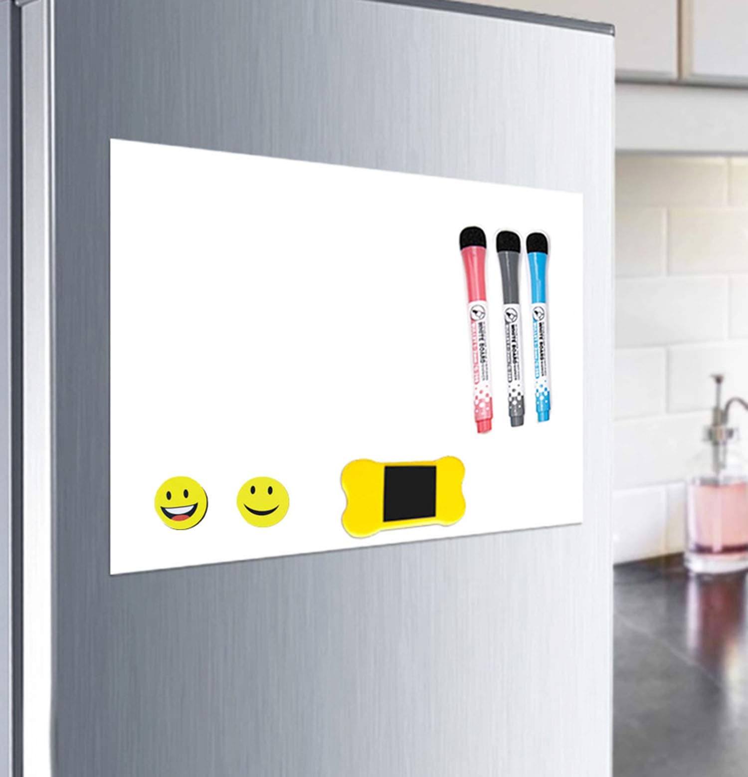 Magnetic Fridge Board Sheet for Kitchen Dry Erase Whiteboard with Stain Resistant Technology 12"x 8" Organizer and Planner Includes 3 Markers,2 Smile Stickers and Big Eraser with Magnets