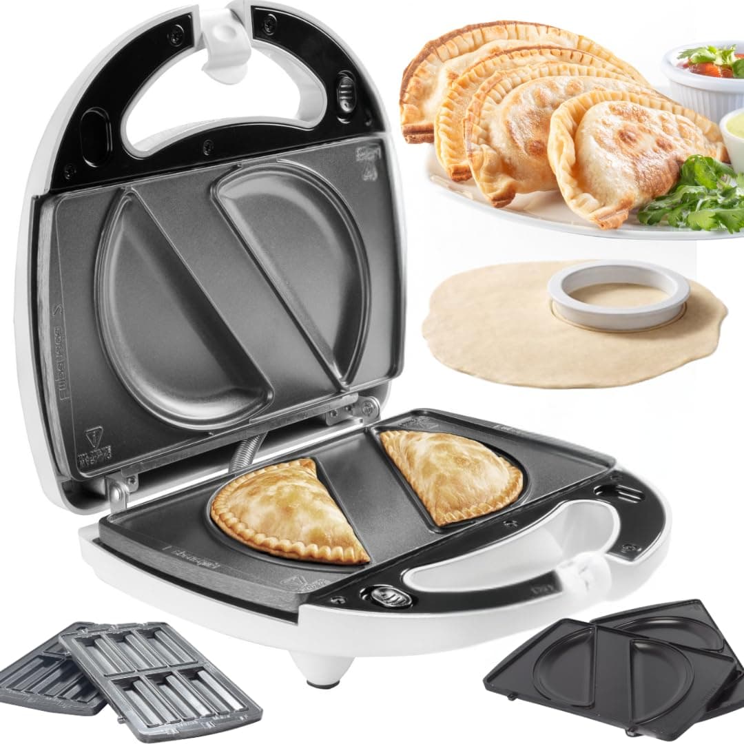 Electric Empanada Maker Machine w Dough Cutter & Nonstick Plates- Easier than Press & Molds- Homemade Latin Turnovers, Hand Pies, Dumplings, Stuffed Pastries w BONUS Churro Plates, Make Dessert & Apps