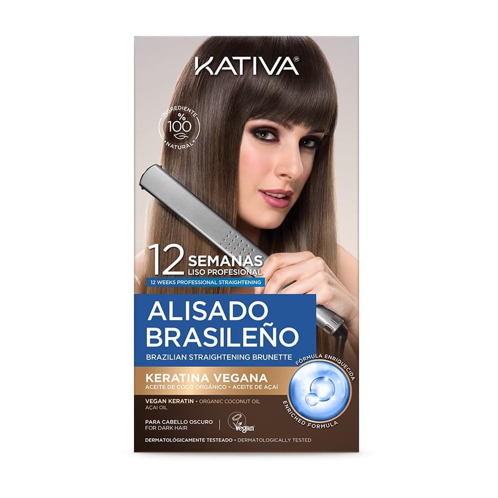 Kativa Brazilian Hair Straightening Kit for Dark or Dyed Hair - New Formula with Vegan Keratin, Professional Hair Straightening at Home, Up to 12 Weeks - Easy to Use