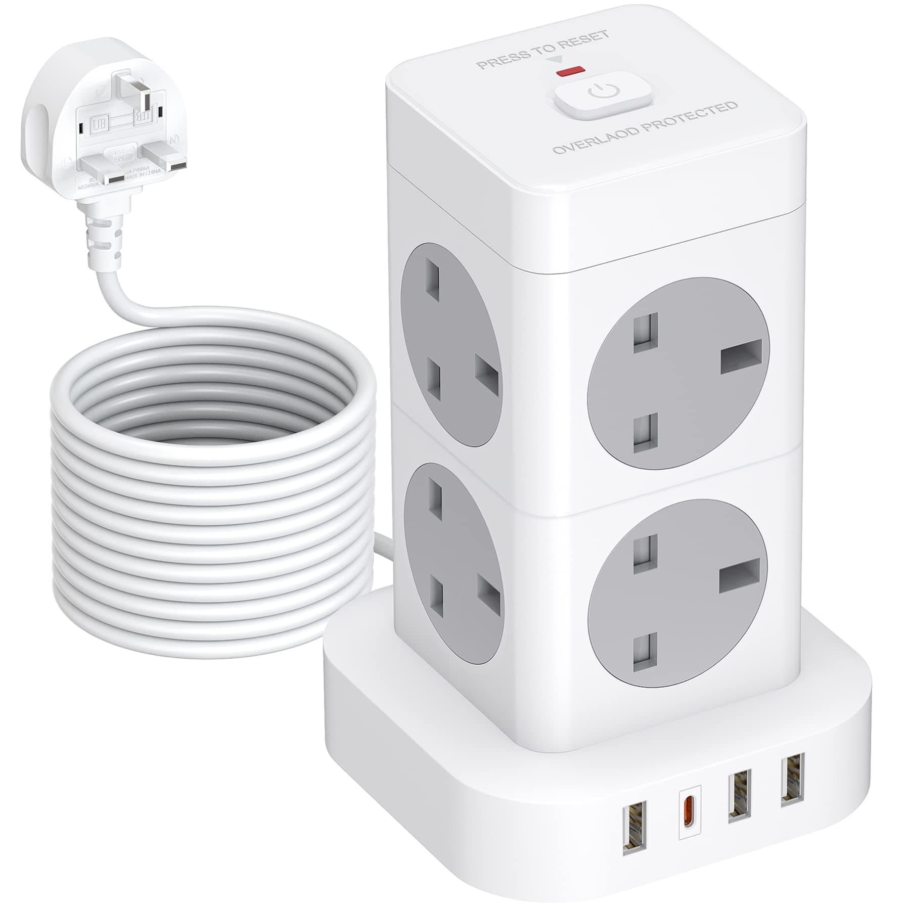 Hulker 5M Tower Extension Lead with USB C, 8 Way 4 USB Vertical Power Strip Overload Protection Multi Plug Extension 5M Long Extension Cord Tower Charging Station 3250W 13A