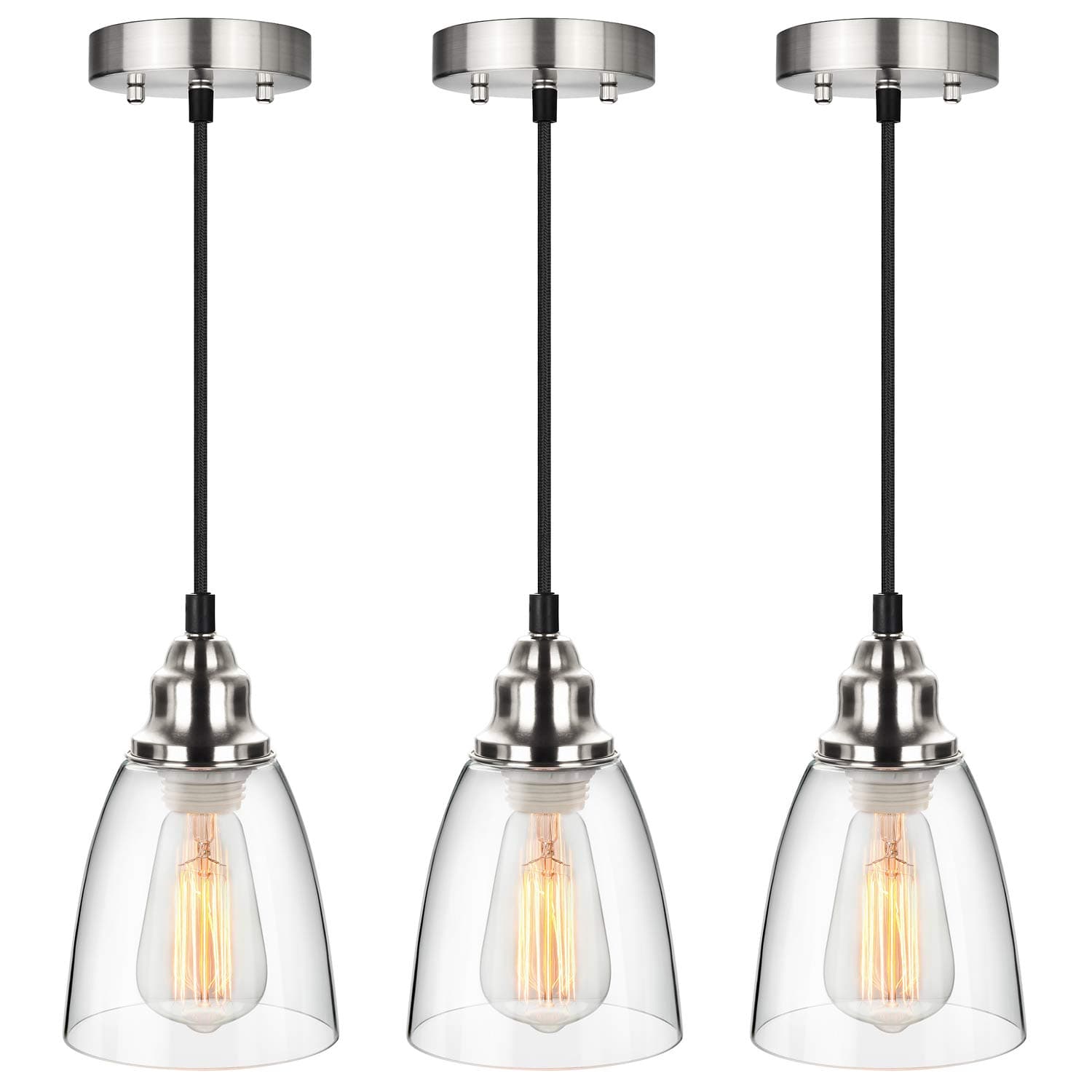 Industrial Mini Pendant Lighting, Clear Glass Shade Hanging Light Fixture, Brushed Nickel, Adjustable Vintage Edison Farmhouse Lamp for Kitchen Island, Restaurants, Hotels and Shops, 3-Pack
