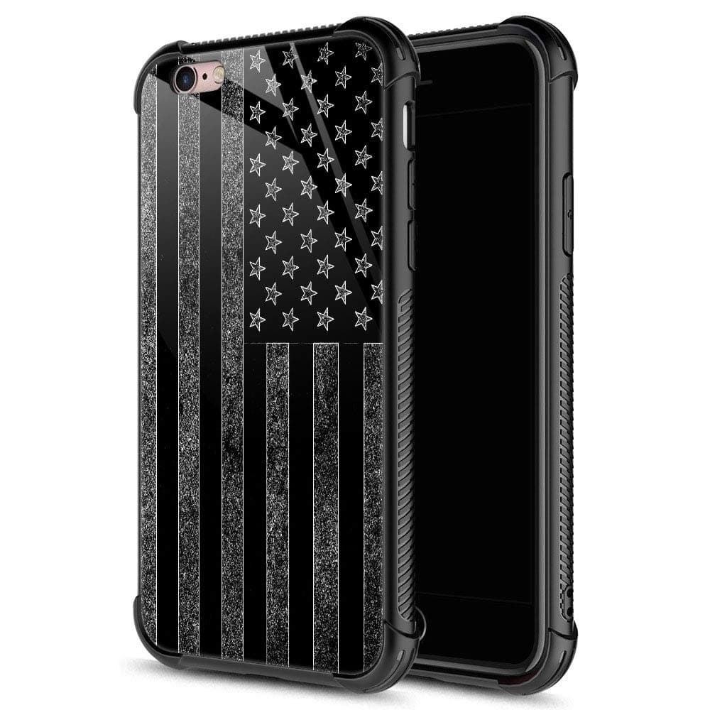 iPhone 6s Case, Black and White American Flag iPhone 6 Cases, Tempered Glass Back+Soft Silicone TPU Shock Protective Case for Apple iPhone 6/6s