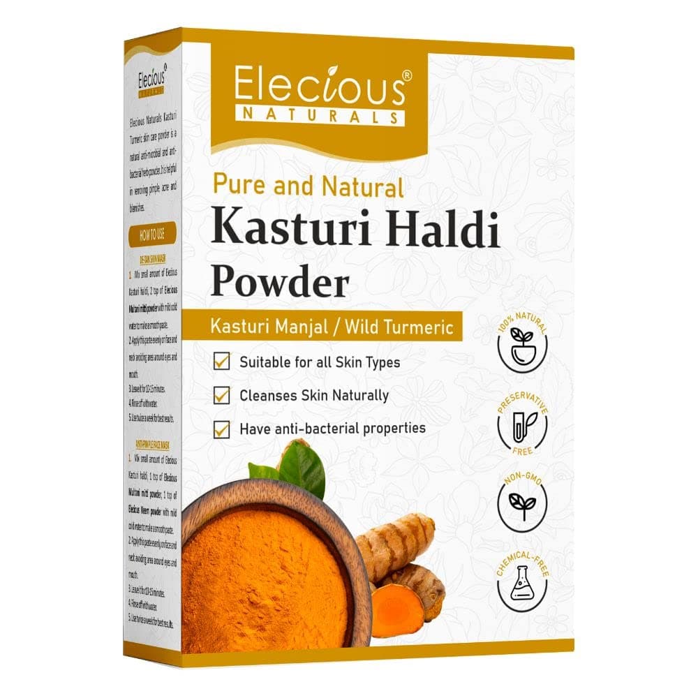 Elecious Kasturi Haldi Powder for face (100 grams) | Wild turmeric powder for glowing skin | Kasturi Manjal | 100% Natural, Chemical-free, Perseverative-free, Non-GMO