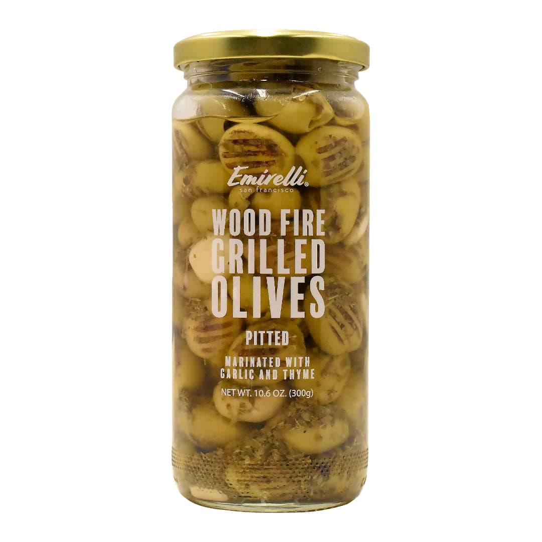 Emirelli Grilled and Pitted Green Olives, 10.6 Ounce (300 gr), Wood Fire, Marinated with Garlic and Mix Spices, Healthy and Fresh Vegan Snacks (Grilled Olives, 1 Pack)