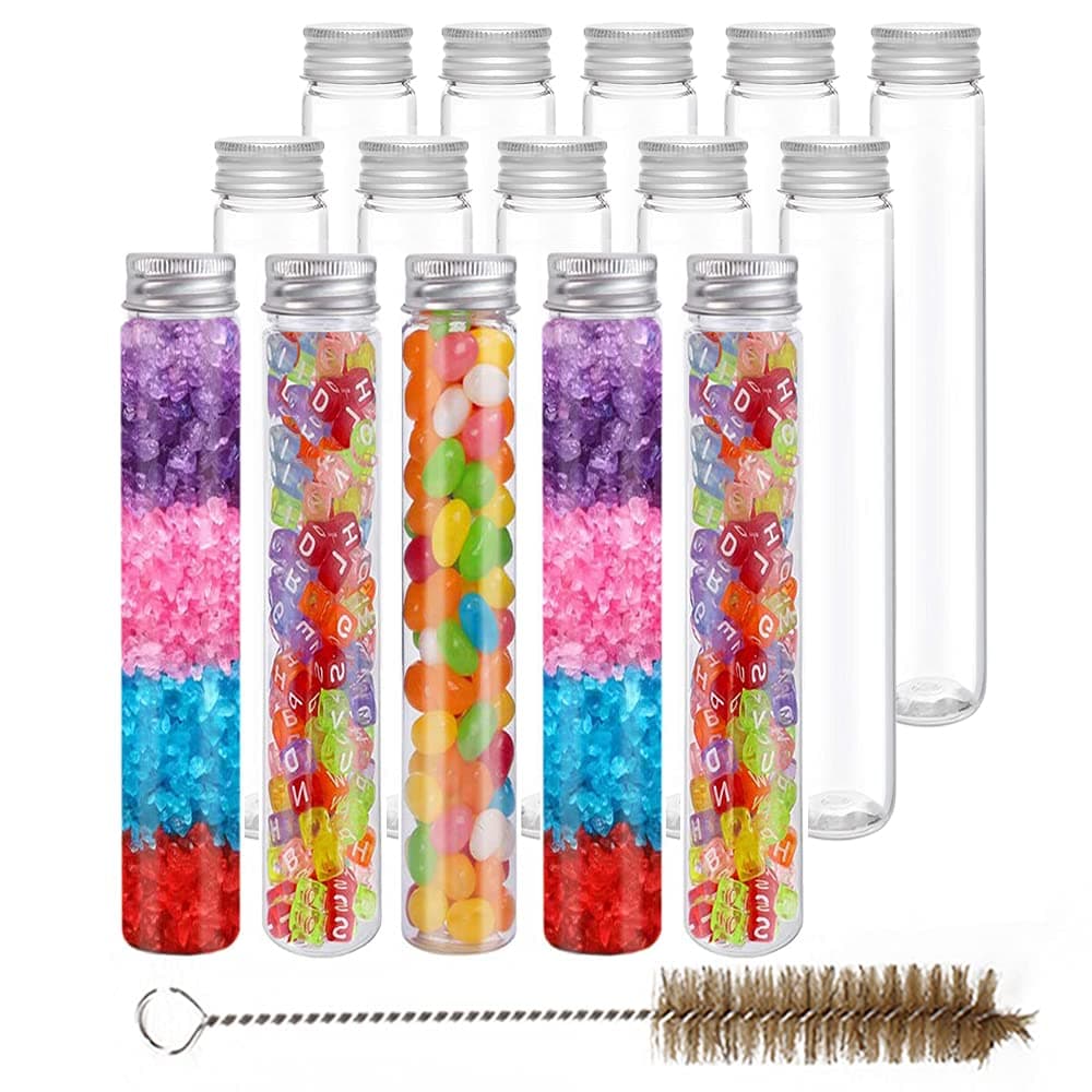 YBCPACK 15 Pcs 100 ML Clear Plastic Test Tubes with Screw Caps & A Brush-for Jelly Belly Bean, Peanuts, Beads, Craft Sample Containers Bottles for Celebration, Wedding, Party