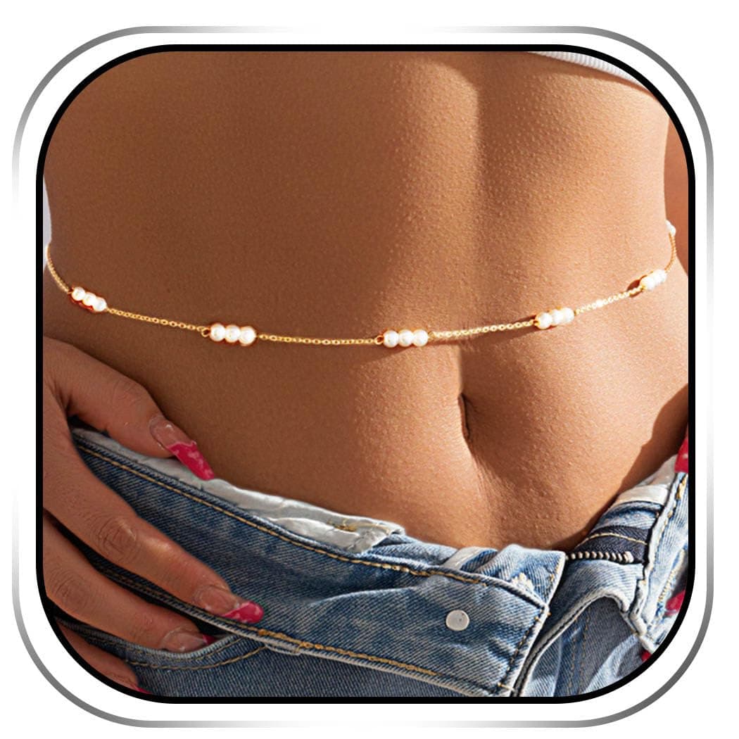 Reetan Pearl Gold Waist Chain Boho Bikini Belly Chains Rave Body Accessories for Women