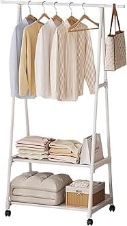Clothes Rack, Clothes Drying Stand, Coat Rack, Sturdy Rolling Clothing Rack with Wheels, Multifunctional Metal Garment Rack with 2-Tier Shelf, (White)
