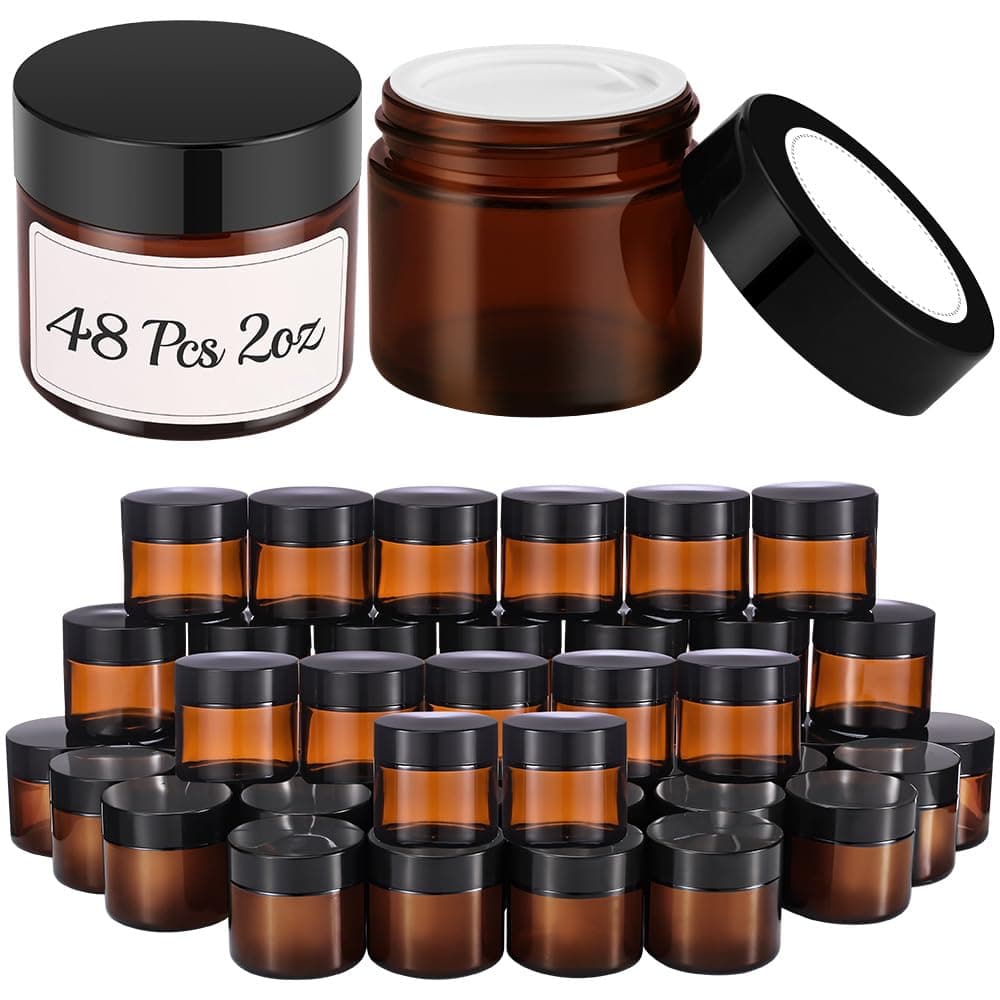 2 oz Glass Jars with Lids, 48 Pcs Bumobum Small Amber Glass Candle Jars with Black Lids, White Labels & Inner Liners, Empty Round Cosmetic Containers for Cream, Lotion, Slime, Ointments