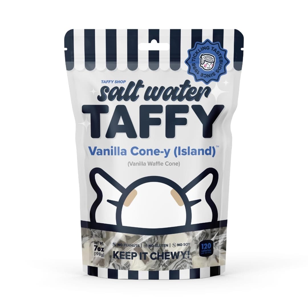 Taffy Shop Vanilla Cone-y (Island), Vanilla Salt Water Taffy – Gourmet Soft Chewy Candy, Bulk Sweet Snack, Fresh Gift & Gluten-Free, 30 Individually Wrapped Pieces (7oz)