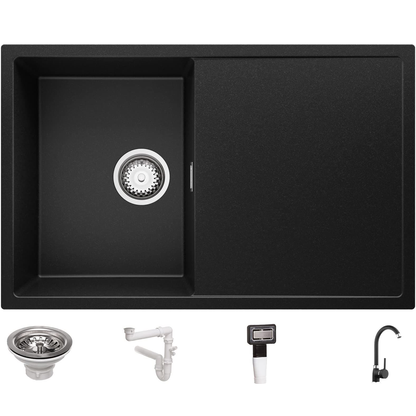 Primagran Ibiza Smart Antibacterial Sink, 78 x 50 cm, Granite Sink + Drain Set + Kitchen Tap, Kitchen Sink for 45 cm Floor Unit in 5 Colours, Built-in Sink