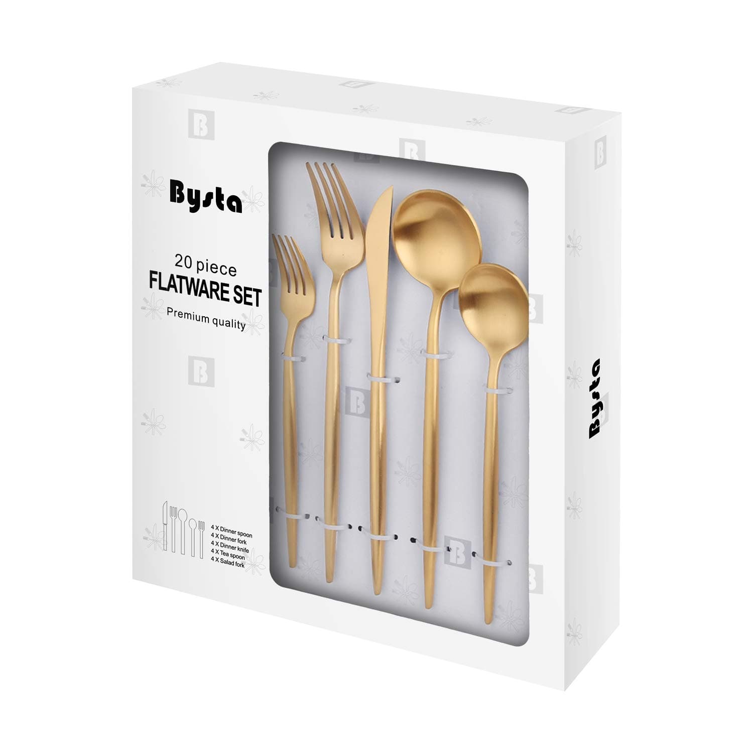 Matte Gold Silverware Set, Bysta 20-piece Stainless Steel Flatware Set Cutlery Set Service For 4, Satin Finish, Dishwasher Safe, Nice Gift Box