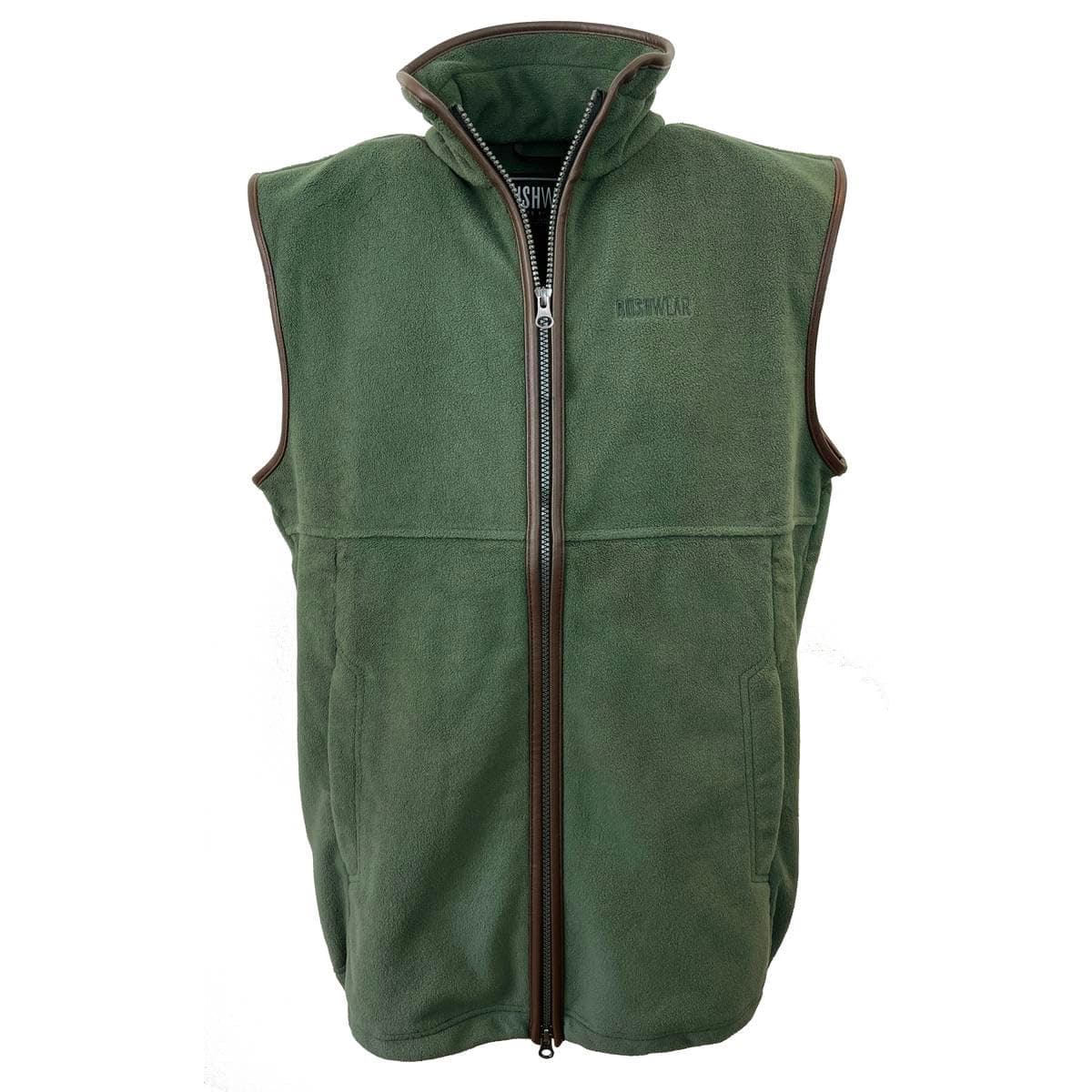 BushWear Fleece Sleeveless Vest Green Men Gilet with Full Zipper Lightweight Top Bodywarmer for Outdoor Outwear Hunting Hiking and Winter Exploration - Featuring Zip Pockets and Stylish High Collar