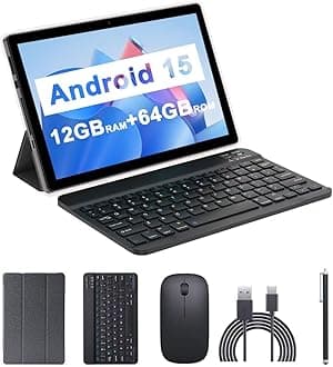 Android 15 Tablet, 10.1 inch 12GB RAM+64GB ROM 1TB Expandable, 2 in 1 Tablets with Keyboard Case Mouse Stylus, 1.8GHz Quad-core, 1280*800 IPS Touch Screen, 8MP Dual Camera, 5G WiFi 6 BT 5.0 Tablet