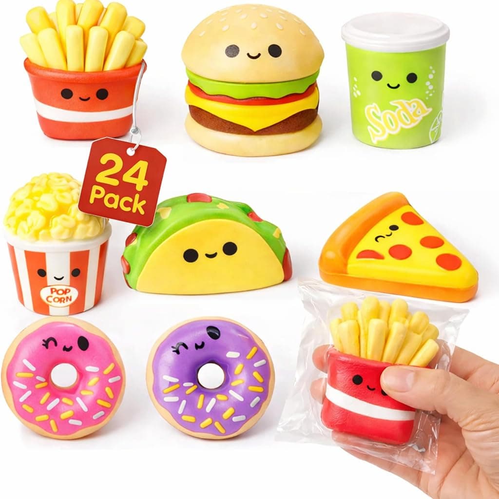 4E's Novelty 24 Pack Fast Food Squishy Toys for Kids Bulk - Slow Rising (Individually Wrapped) Small Foam Squishies 1.5-2.25" - Valentines Day Gifts for Kids Classroom Birthday Party Favors