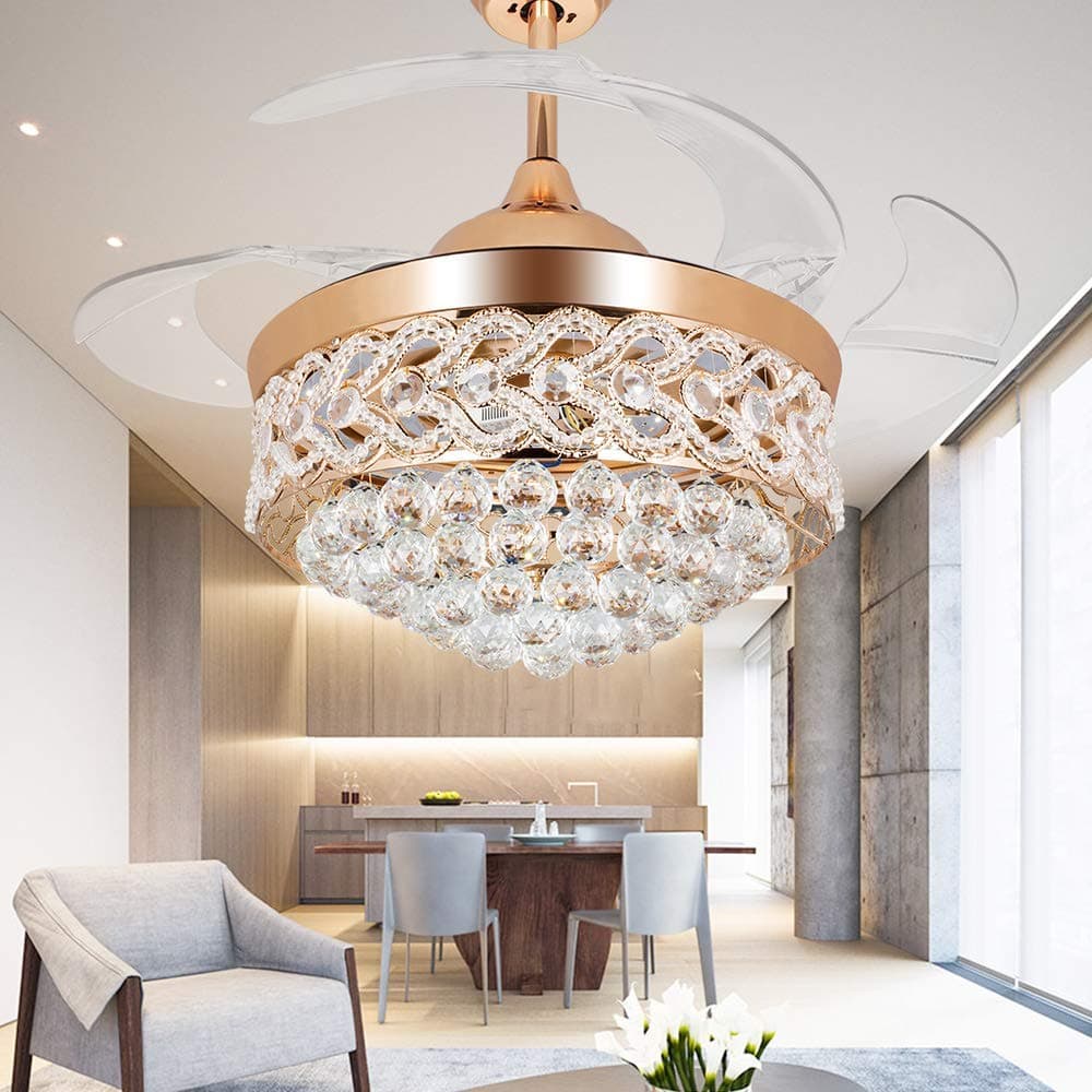 RS Lighting Chandelier Ceiling Fan with Crystal for Room Decoration 42 Inch Shrinkable Blades Invisible Ceiling Fan Led 32W Has 3 Light Color for Indoor Outdoor Living Dining Room Corridor (Gold)