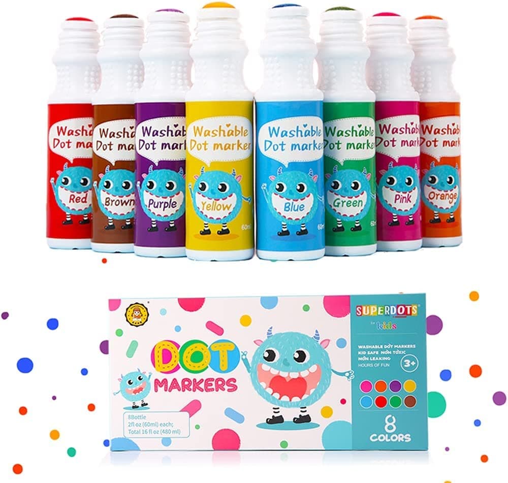 PATHOS INDIA Dot Markers for Toddlers Kids, 8 Colors (Jumbo 60ml / 2 oz) Water-Based Non-Toxic Bingo Daubers, Fun Preschool Crafts Art Supplies, Ink Color-Multicolor