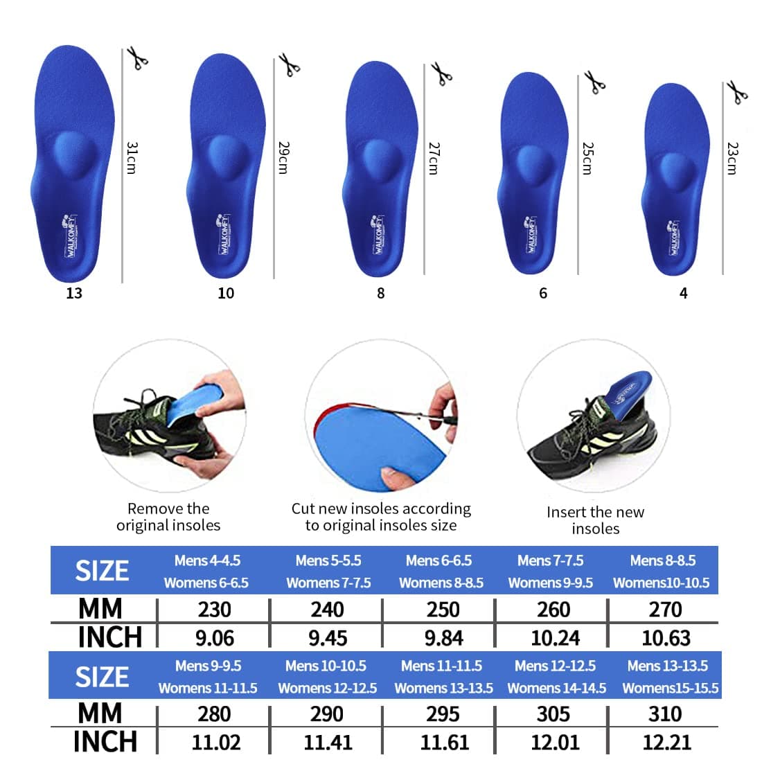 Walkomfy Full Length Orthotic Inserts Arch Support Insole, Insert for Flat Feet,Plantar Fasciitis,Feet Pain,Metatarsal Support Insoles for Men & Women Blue,9.45"