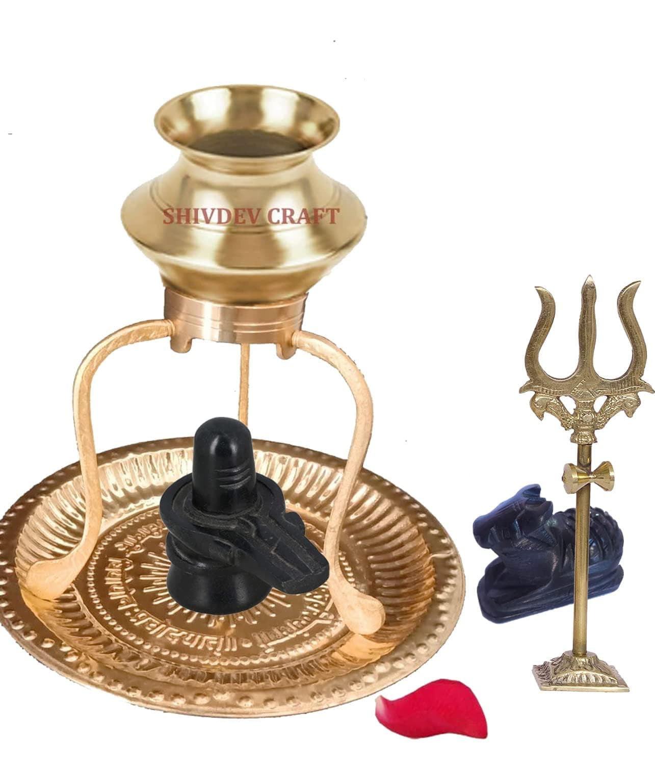 Shivling Jal Abhishek Tripai Jaldhari Stand with Shiv Ling Brass Abhishek Lota Kalash Plate with Black Marble Shivling with Nandi Statue & Brass Trishul Shiv Pooja Set