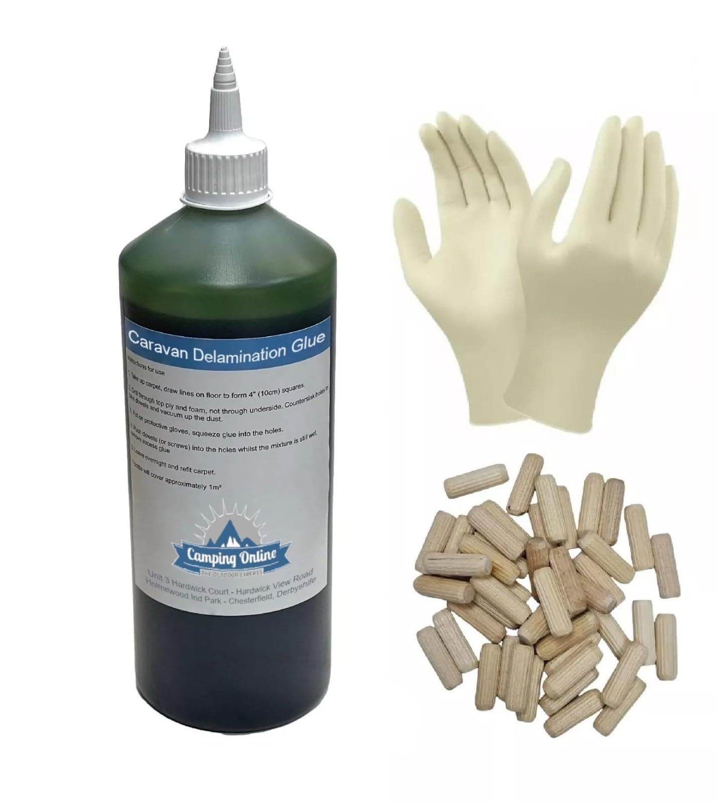 Green Polyurethane One Shot Adhesive Caravan Floor Delamination Repair Kit + 30 Dowells + Latex Gloves