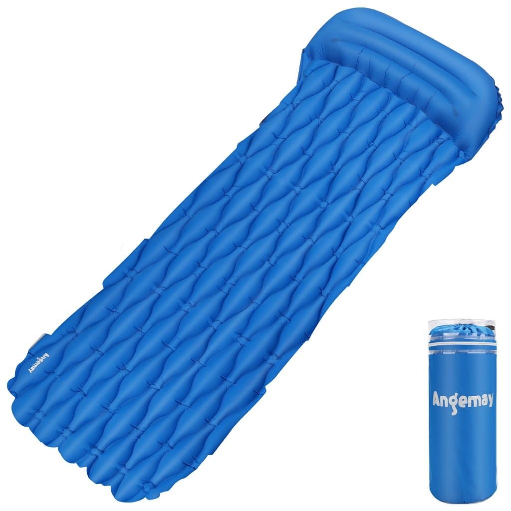 Angemay Ultralight Sleeping Pad - Ultra-Compact Camping Air Mattress for Backpacking, Travelinga and Hiking - Leakproof Portable Outdoor Sleeping Mat with Pillow, for Travel Beach Camping - Blue