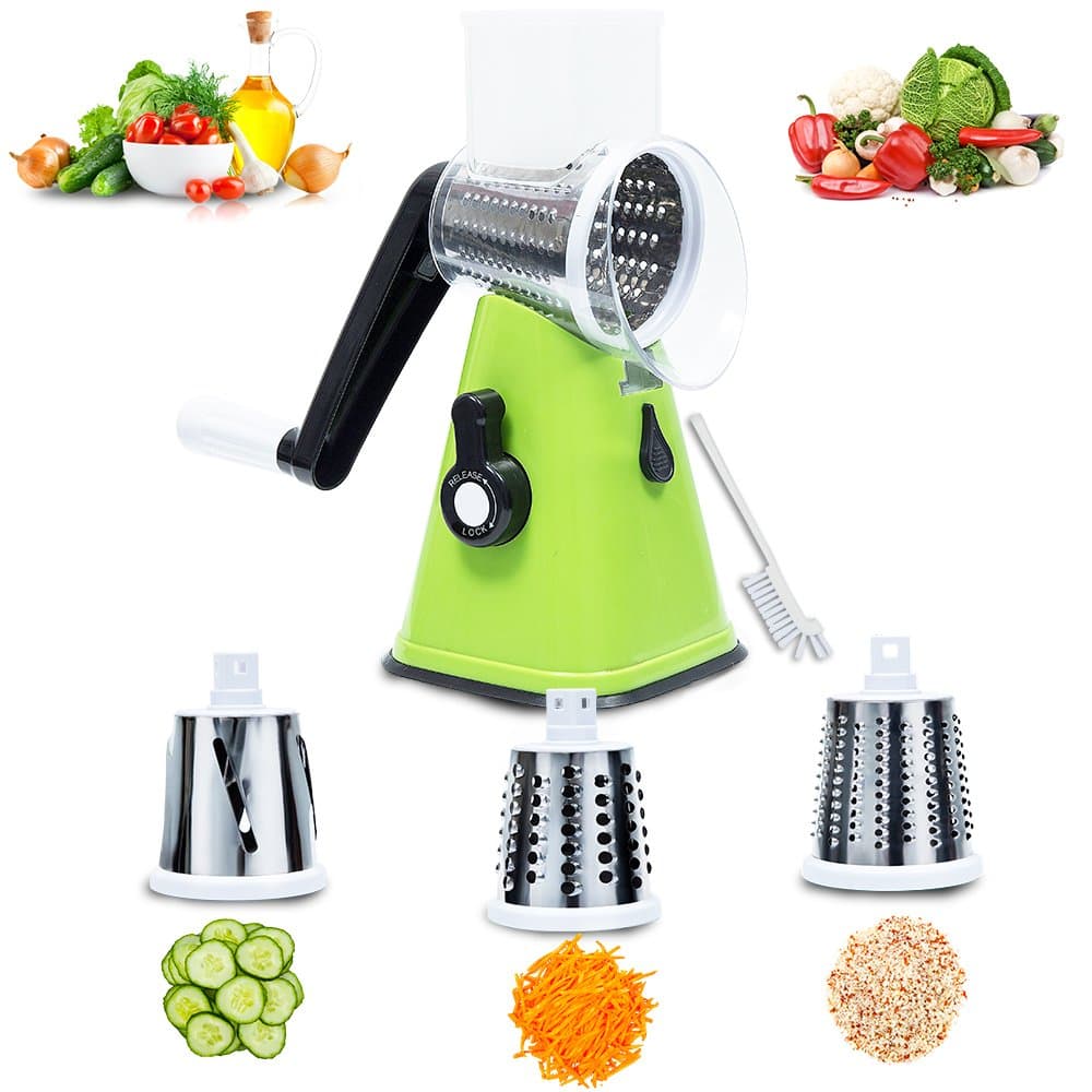 Mandoline Vegetable Slicer Chopper Cutter Grater Manual Hand 3-in-1 (Julienne Slicing Grinding) by Sanquility with Strong-Hold Suction Cup and Brush Green