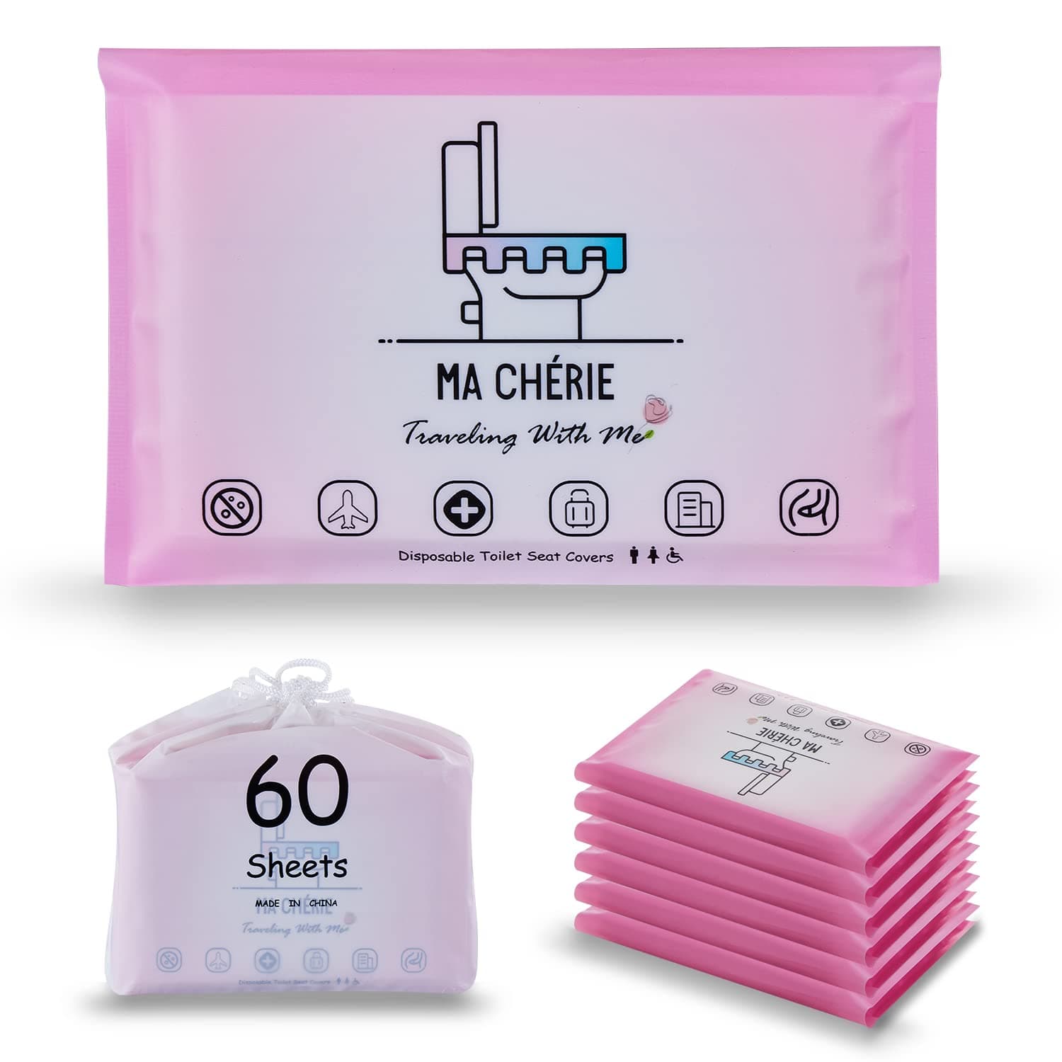 MA CHÉRIE Disposable Toilet Seat Covers, 60 Sheets (6 Packs x 10), Extra Large, Flushable, Travel & Family Friendly