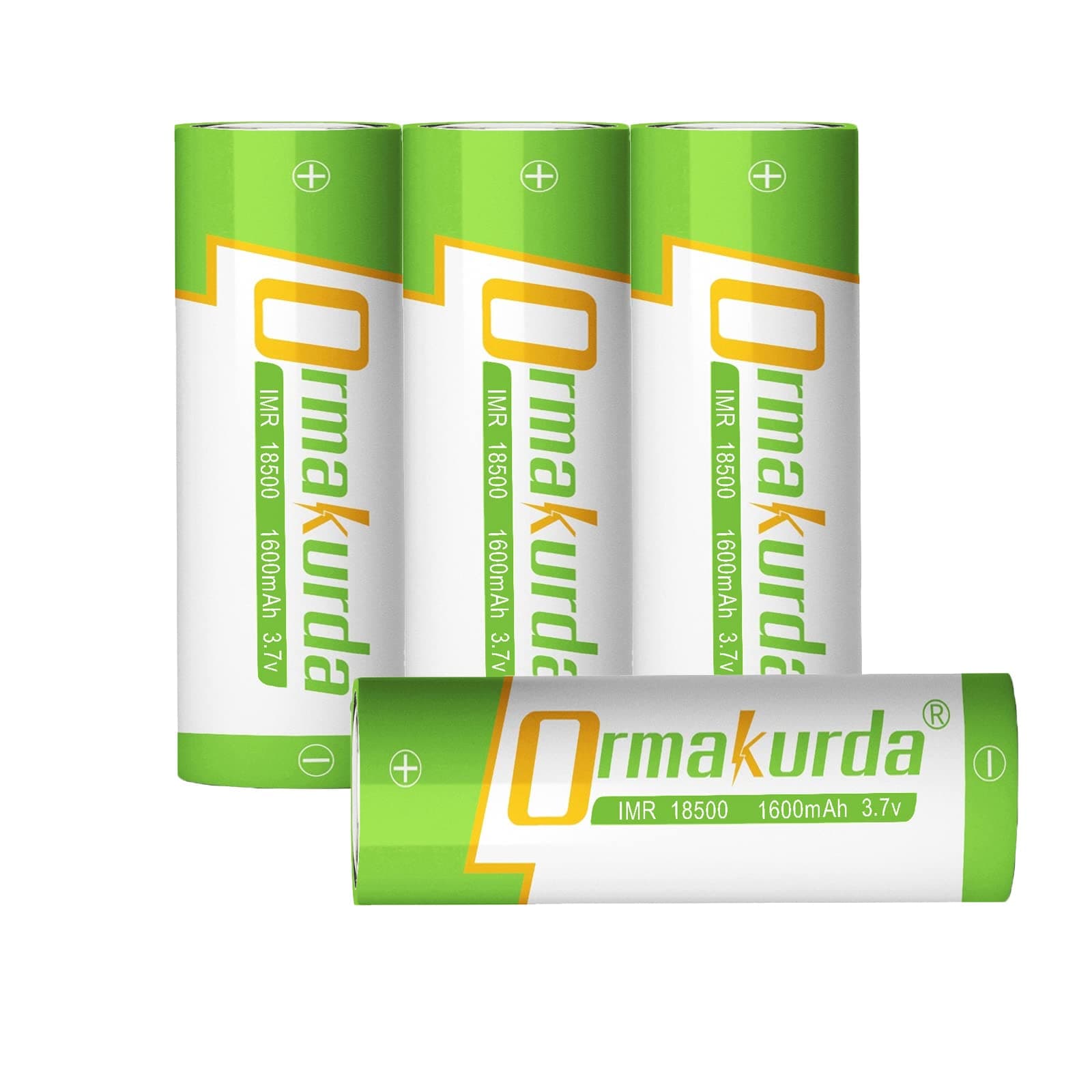 Ormakurda 18500 Rechargeable Batteries with Flat Top, 18500 Rechargeable Li-ion Battery 3.7V 1600mAh for Solar Garden Light, Flashlight - 4 Pack