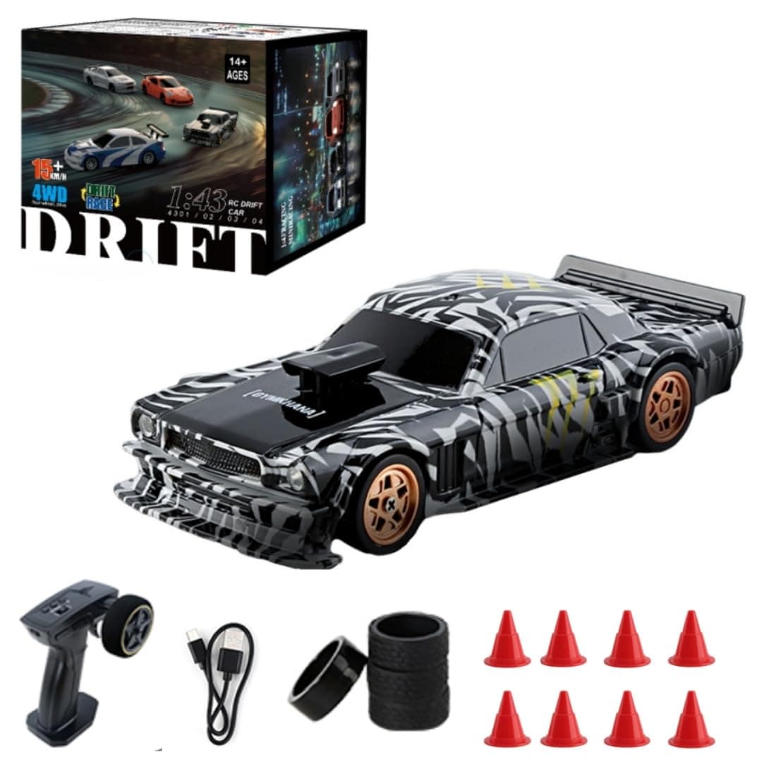 Mini RC Drift Car, Electric 4WD Racing Vehicle with Lights, High Speed for Adults - RTR Version, 4301 (Black)