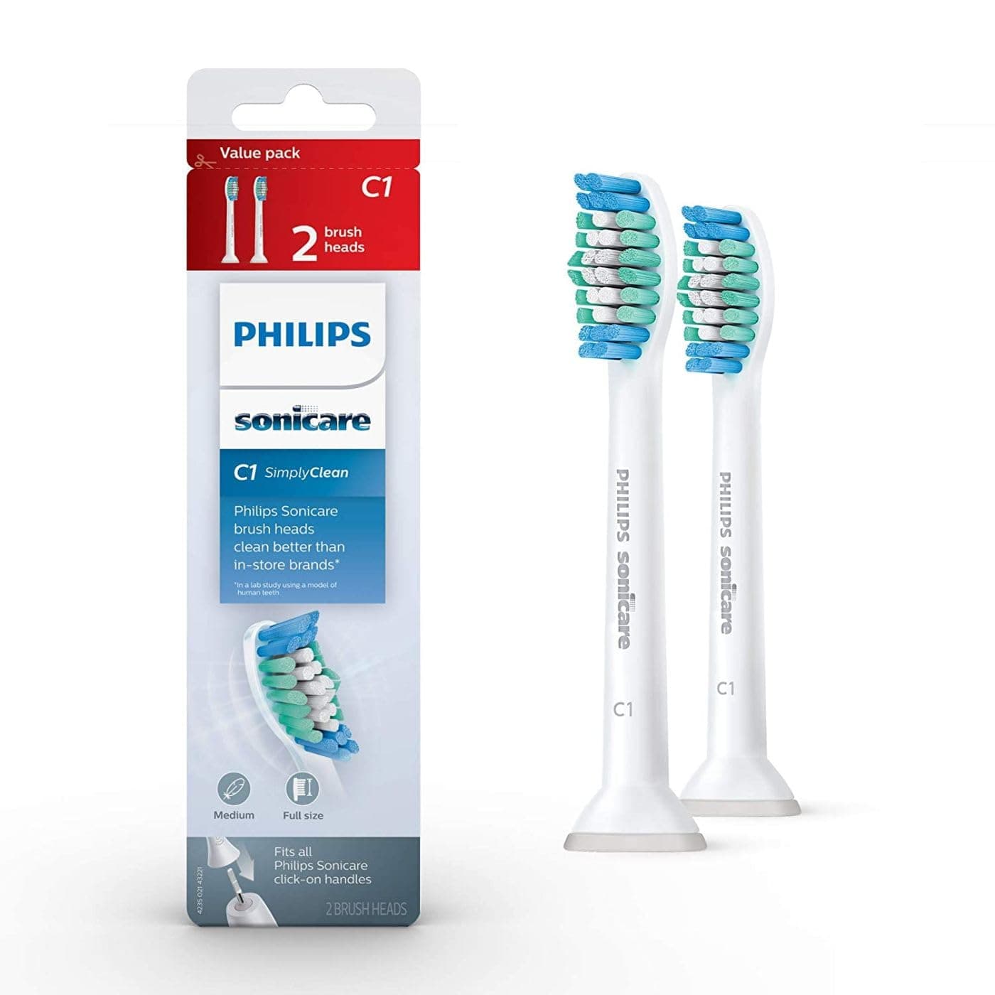 SONICARE Philips Genuine Simply Clean Replacement Toothbrush Heads, 2 Brush White, HX6012/04