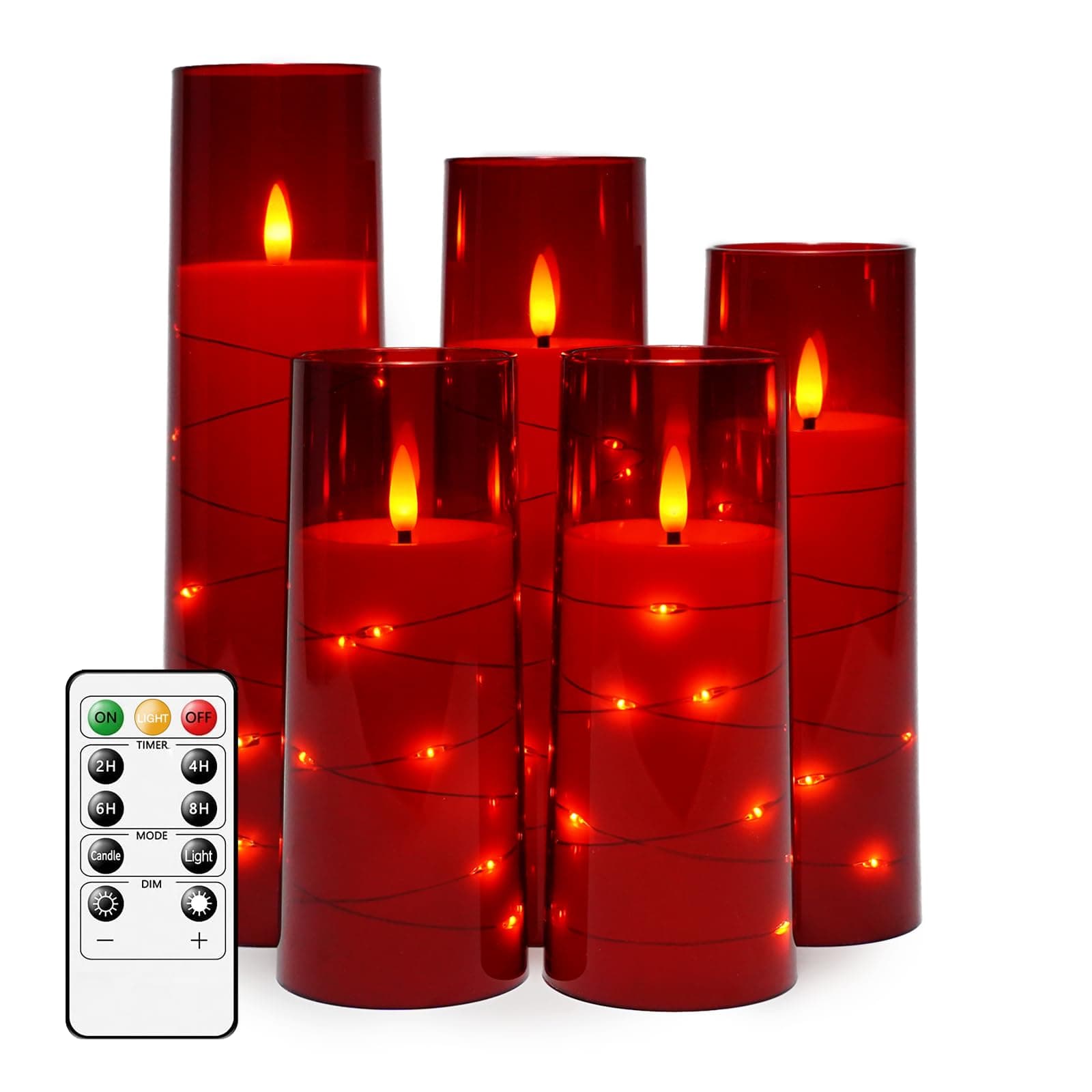Flameless LED Candles with Timer 5 Pc Flickering Flameless Candles for Romantic Ambiance and Home Decoration Durable Acrylic Shell,with Embedded Star String，Battery Operated Candles（Red）