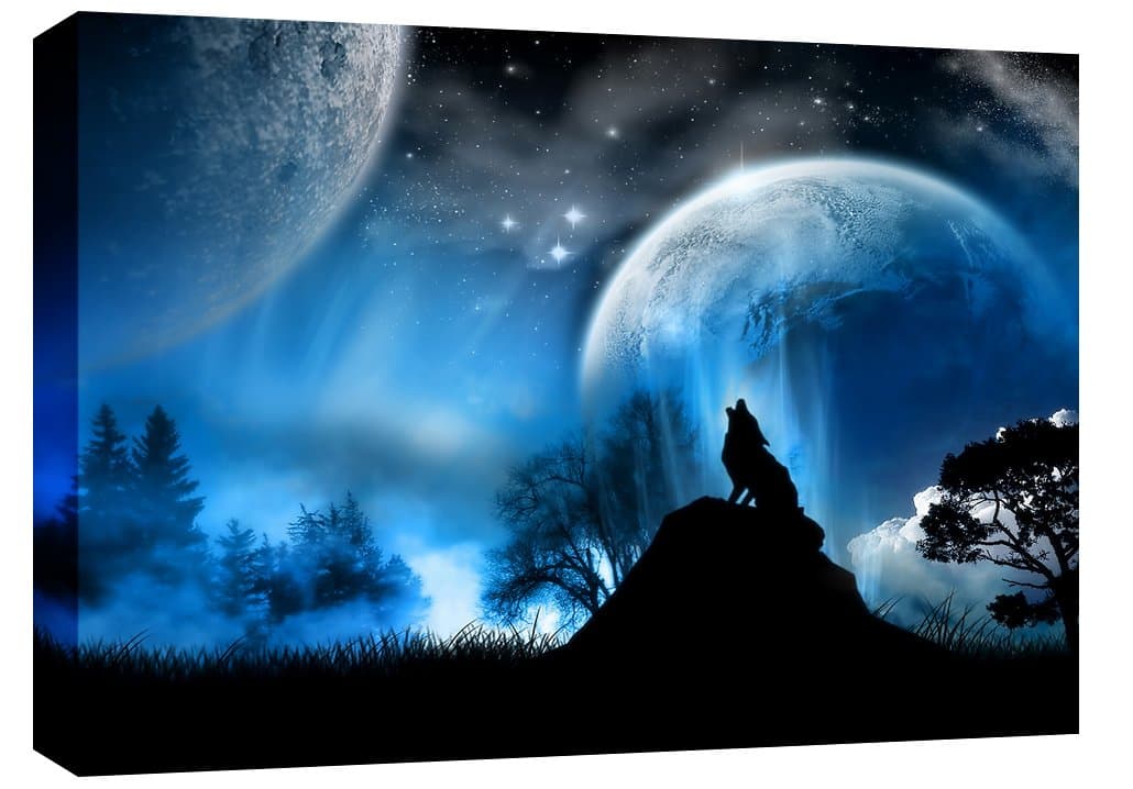 LARGE WOLF IN THE MOONLIGHT MODERN CANVAS PICTURE mounted and ready to hang 30 x 20 inches by Canvas Interiors