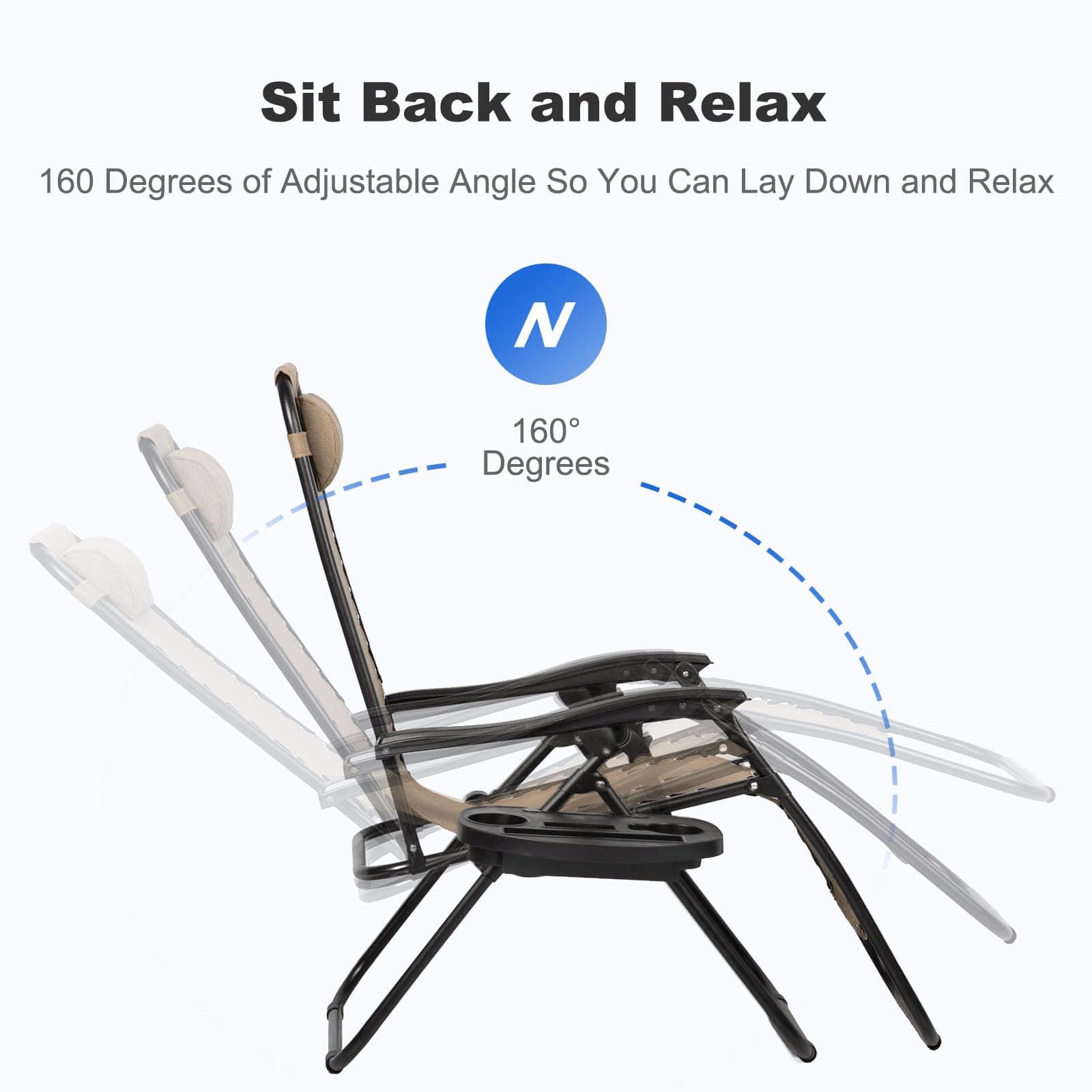 Nazhura Set of 2 Relaxing Recliners Patio Chairs Adjustable Steel Mesh Zero Gravity Lounge Chair Beach Chairs with Pillow and Cup Holder Khaki (Kahki)